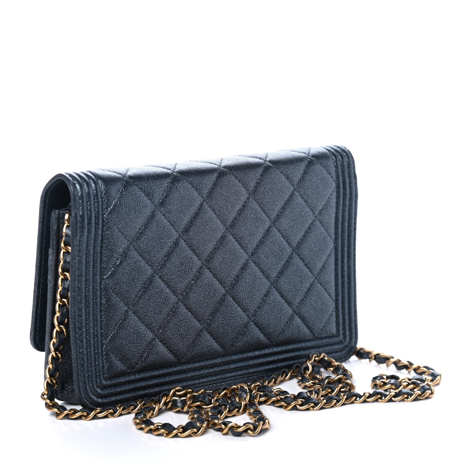 Chanel Metallic Calfskin Quilted Boy Wallet On Chain WOC Charcoal 2 of 4
