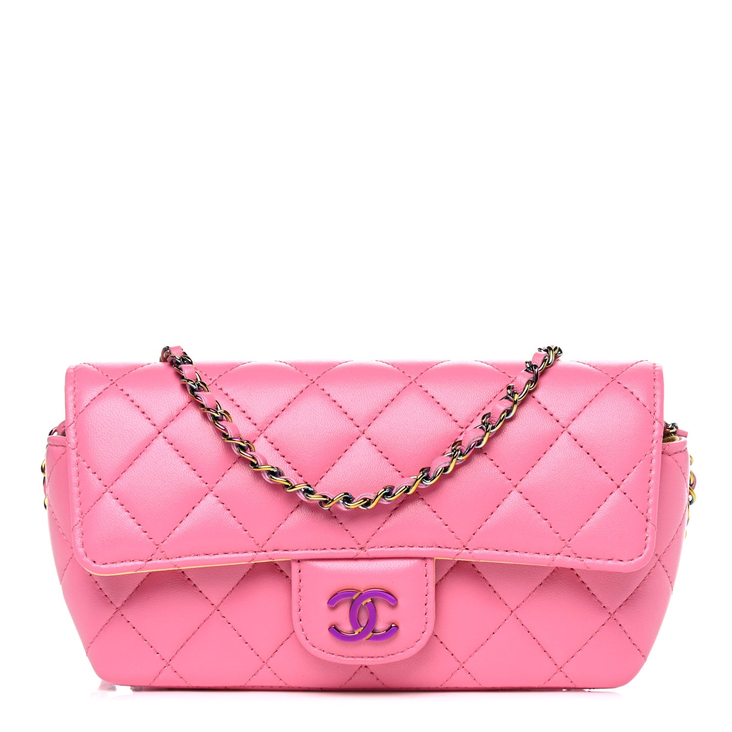 Lambskin Quilted Glasses Case With Chain Pink Yellow