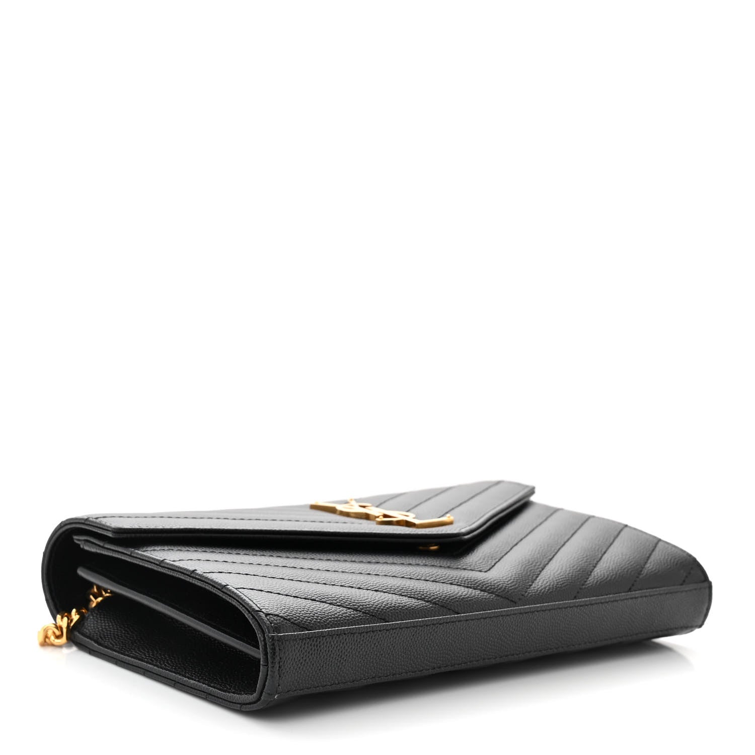 Saint Laurent Grain De Poudre Matelasse Chevron Monogram Chain Wallet Black 4 of 10