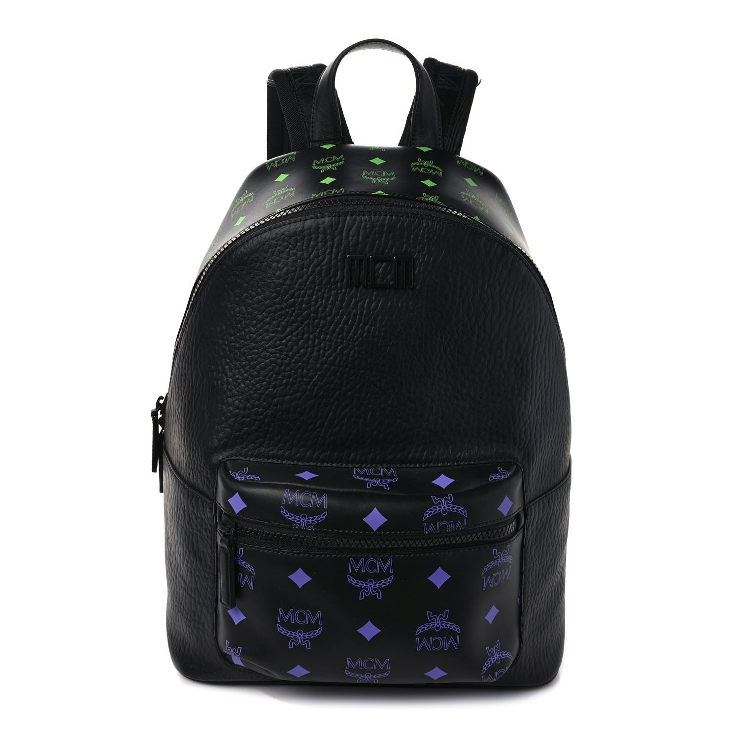 MCM Grained Calfskin Visetos Color Splash Medium Backpack Black Dahlia Purple Summer Green 1 of 8