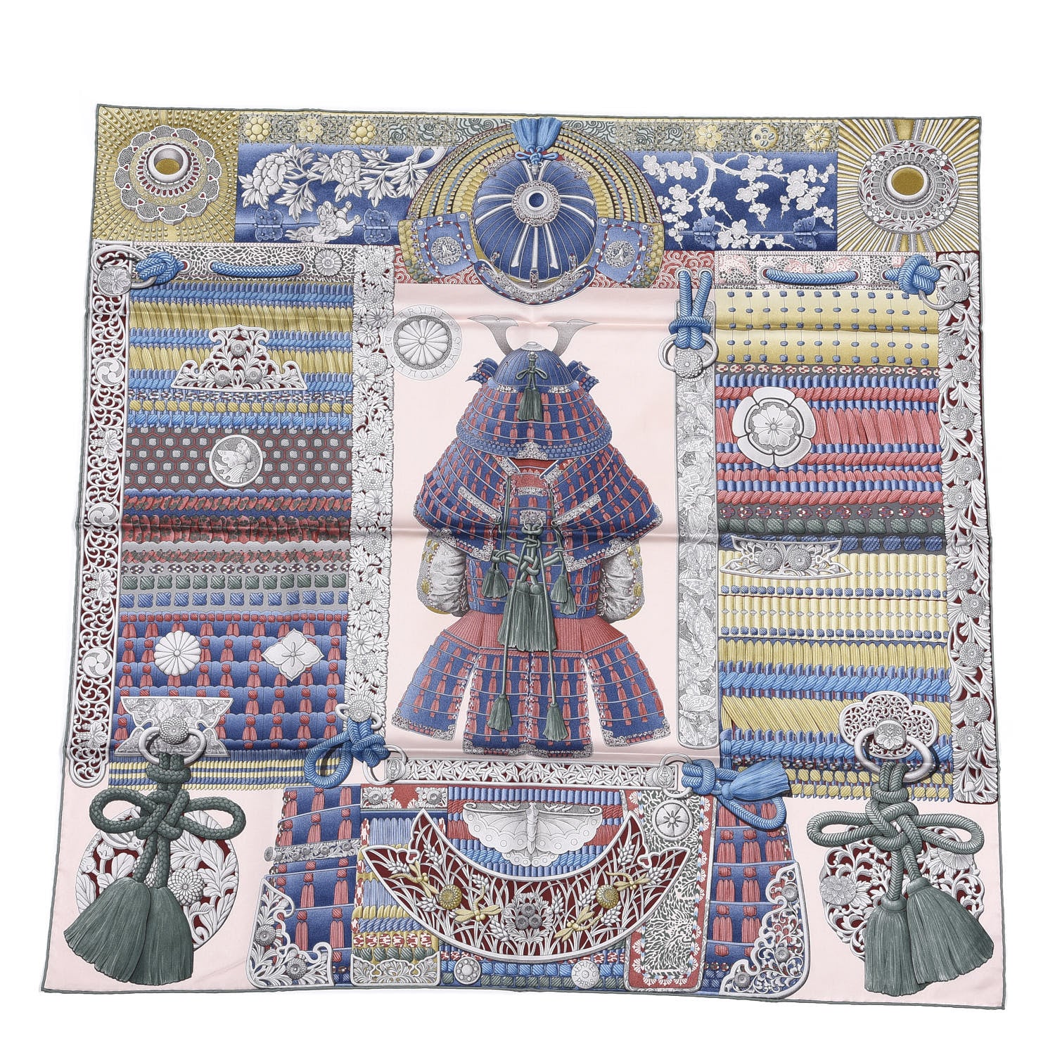 Hermes Silk Parures de Samourais Scarf 90 Rose Poudre Kaki Blue Jean 1 of 3