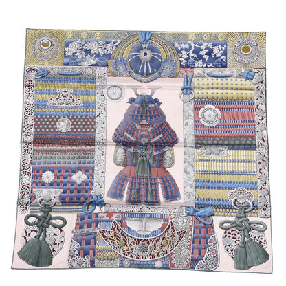 Hermes Silk Parures de Samourais Scarf 90 Rose Poudre Kaki Blue Jean 1 of 3