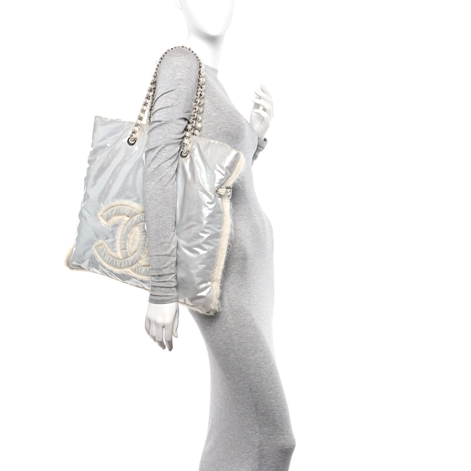 Chanel Vinyl Mohair Trimmed CC Bonbons Tote Silver 2 of 15