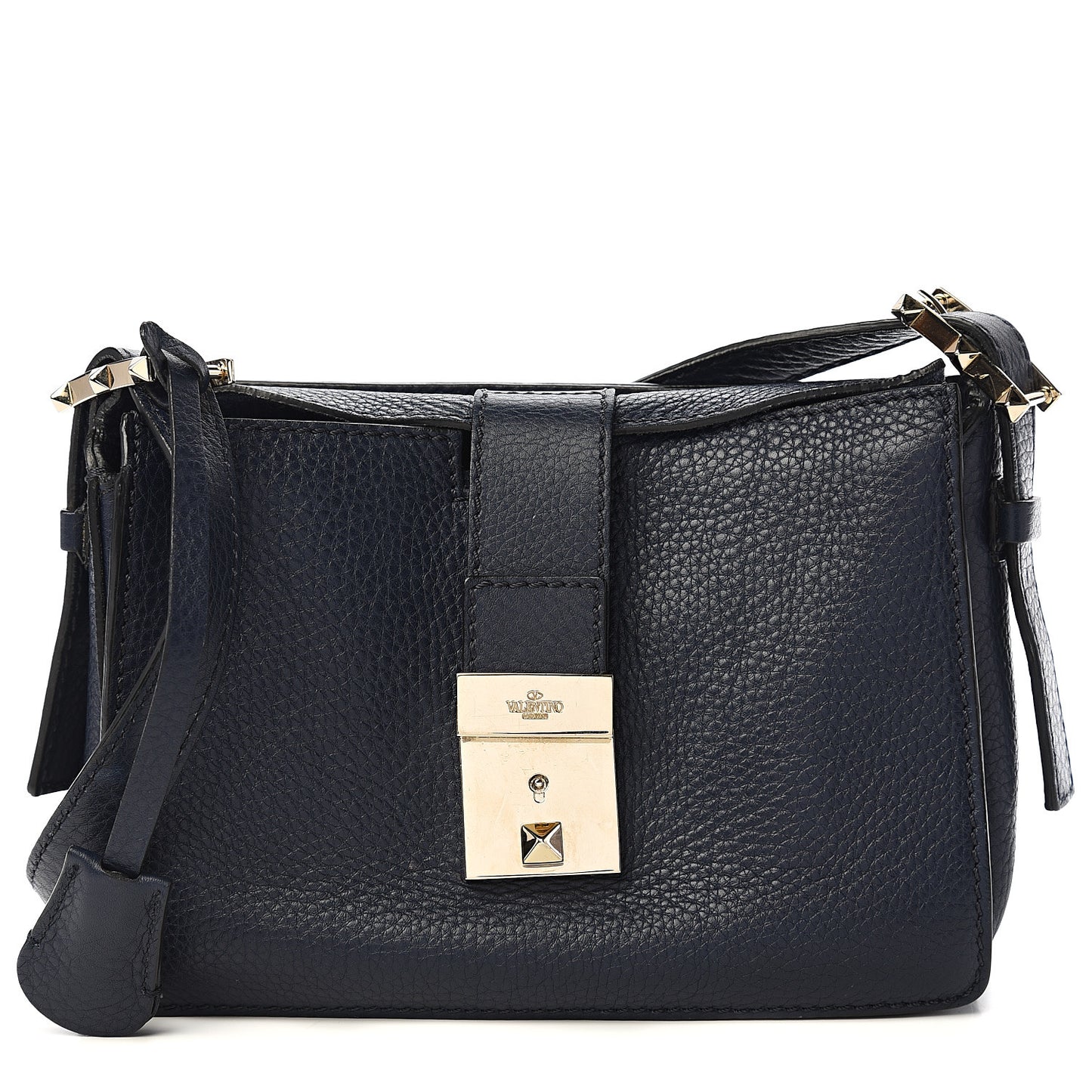 Pebbled Calfskin Rockstud Satchel Navy