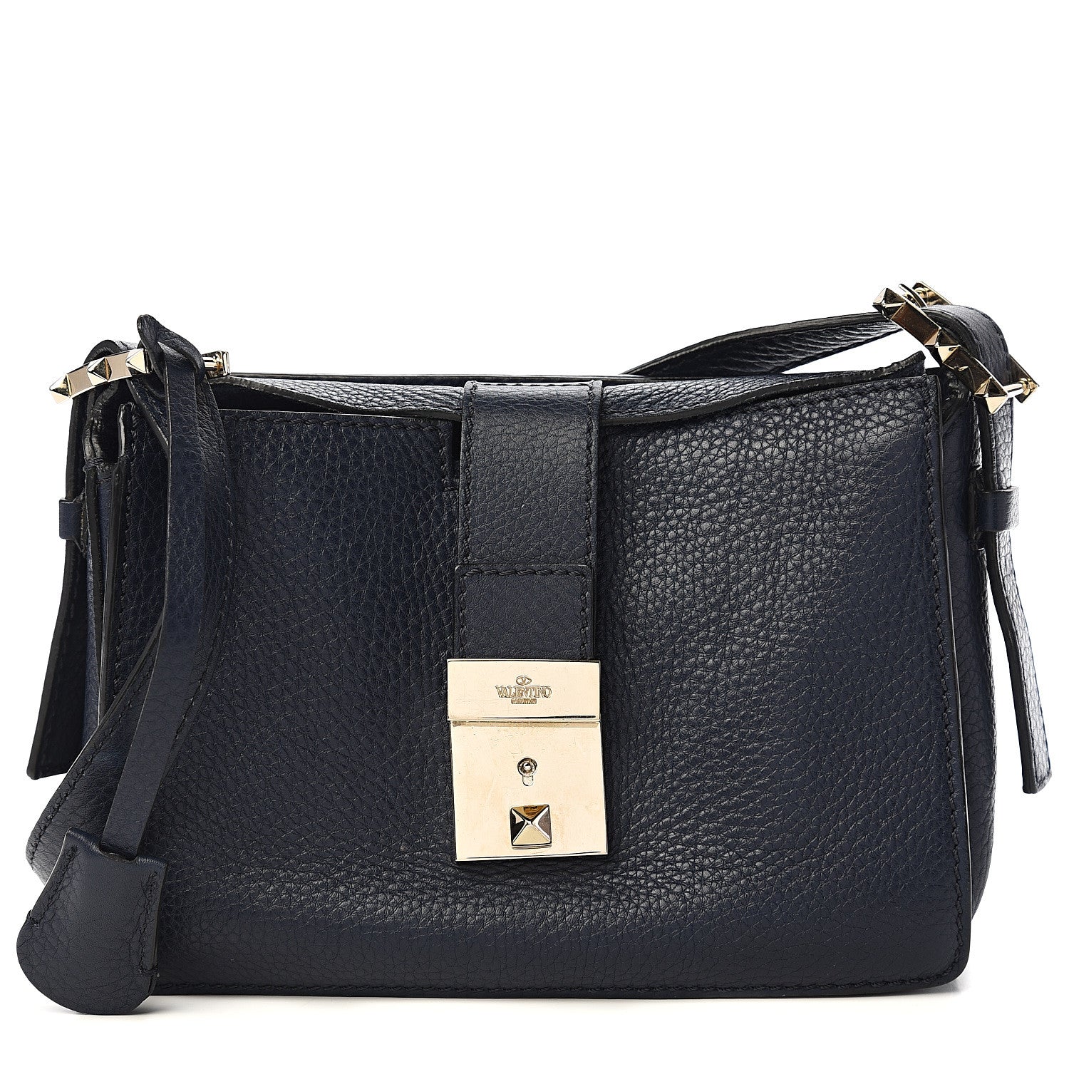 Valentino Garavani Pebbled Calfskin Rockstud Satchel Navy 1 of 8