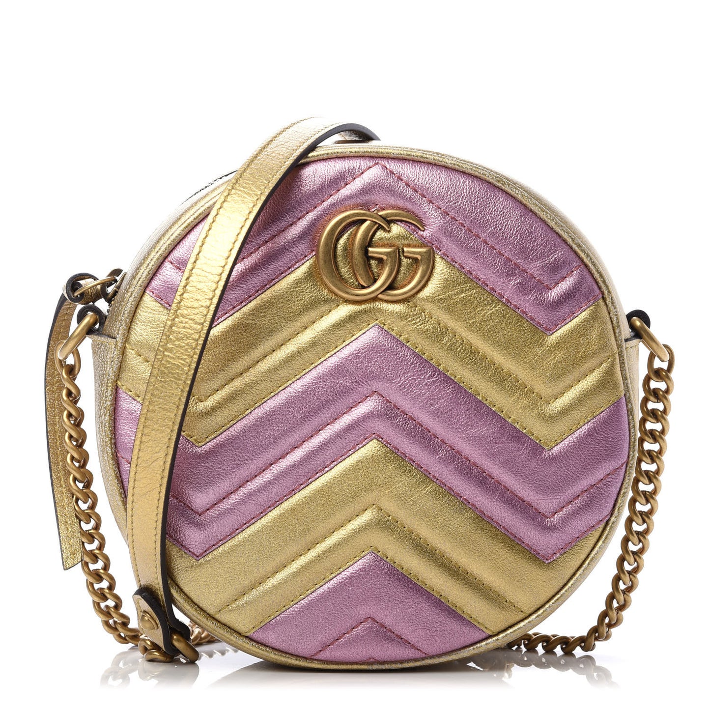 Metallic Calfskin Matelasse Mini GG Marmont Round Shoulder Bag Gold Pink