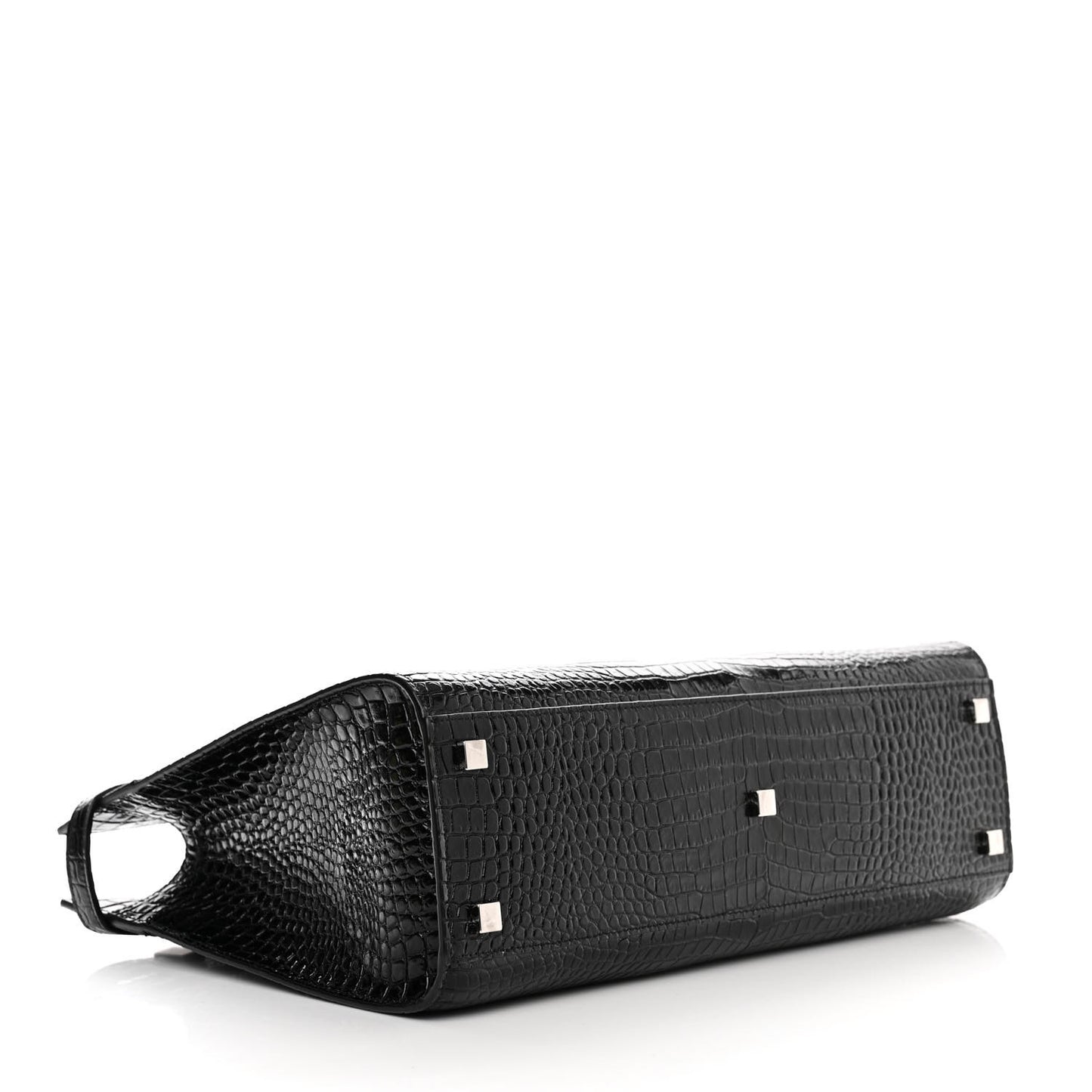 Shiny Calfskin Crocodile Embossed Small Manhattan Shopper Tote Black