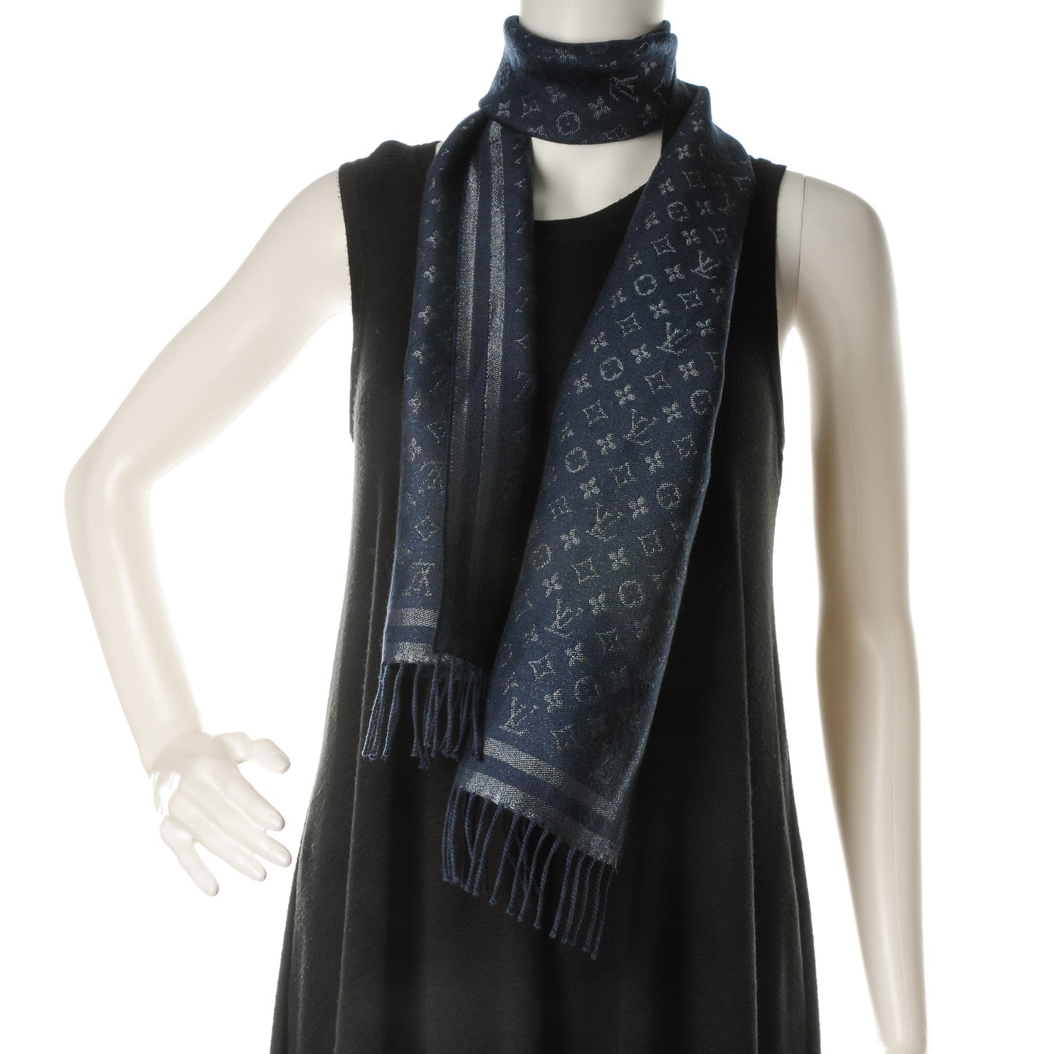 Louis Vuitton Wool Cashmere Lurex Monogram Scarf Blue 2 of 4