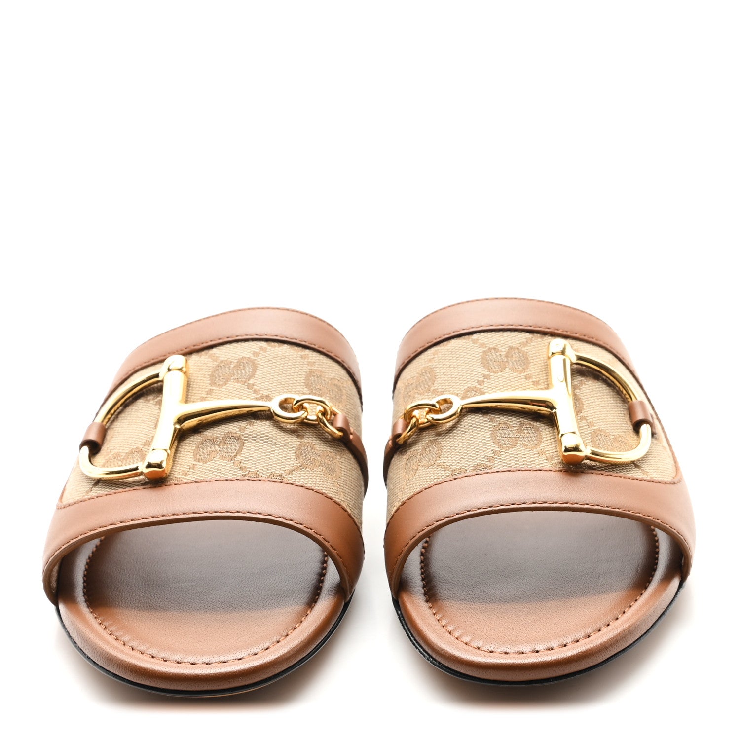 Gucci Calfskin Monogram Horsebit Womens Slide Sandals 37.5 Beige Ebony Sundial 2 of 10