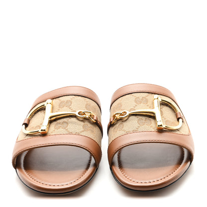 Gucci Calfskin Monogram Horsebit Womens Slide Sandals 37.5 Beige Ebony Sundial 2 of 10