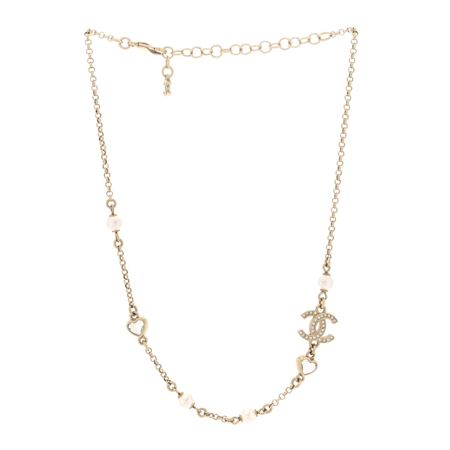 Pearl Crystal CC Heart Chain Short Necklace Gold