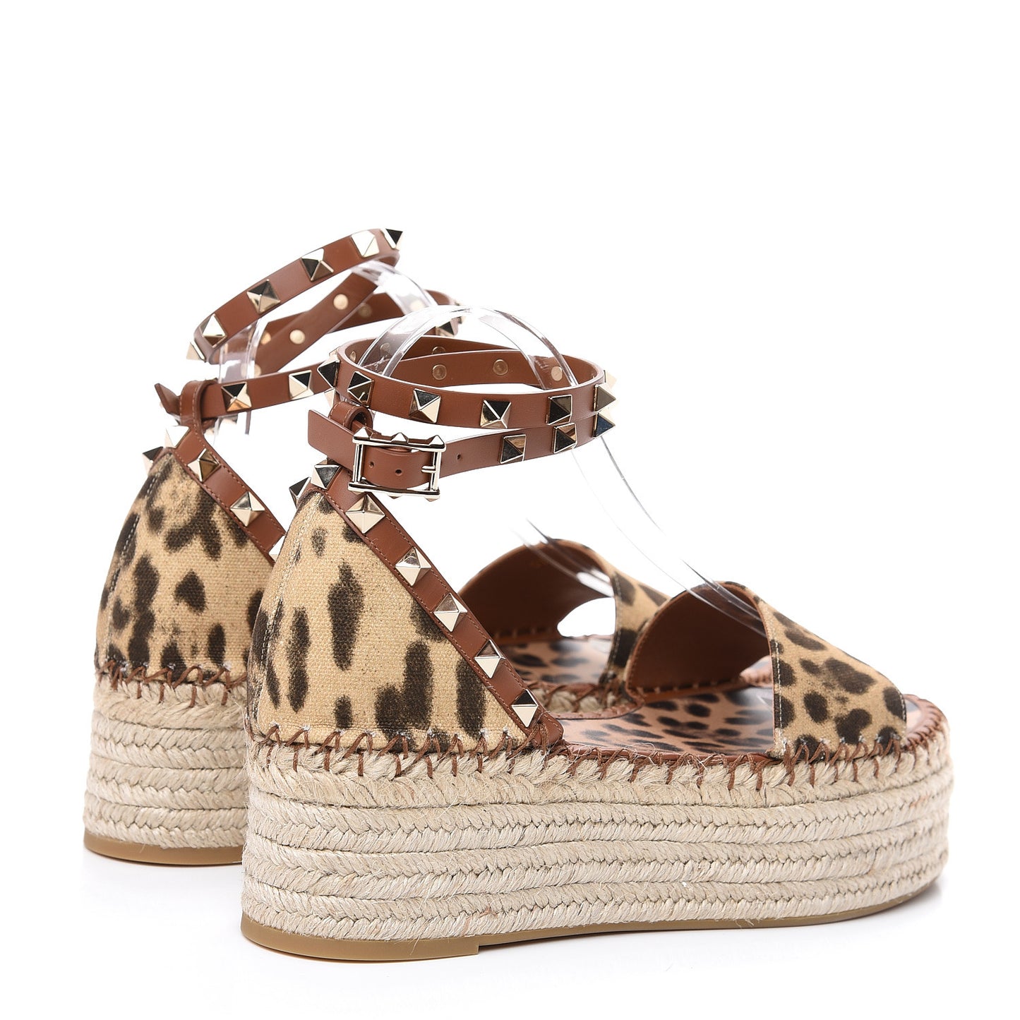 Canvas Leopard Print Rockstud Ankle Wrap Espadrille Flatform Sandals 38 Brown