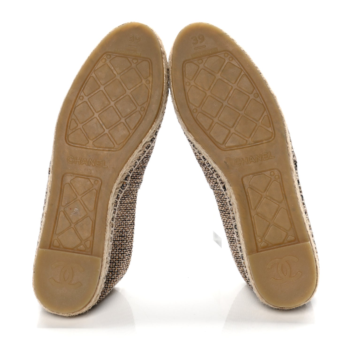Tweed Grosgrain CC Espadrilles 39 Gold Beige Black