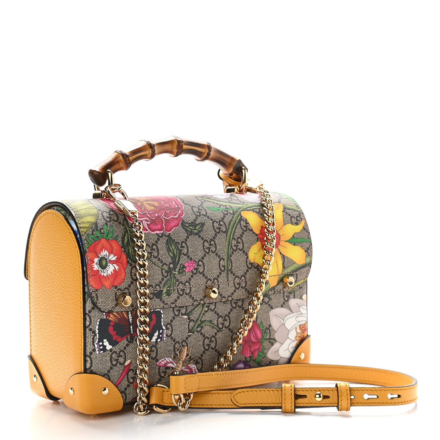 GG Supreme Monogram Flora Small Padlock Bamboo Shoulder Bag Beige Multicolor Crop
