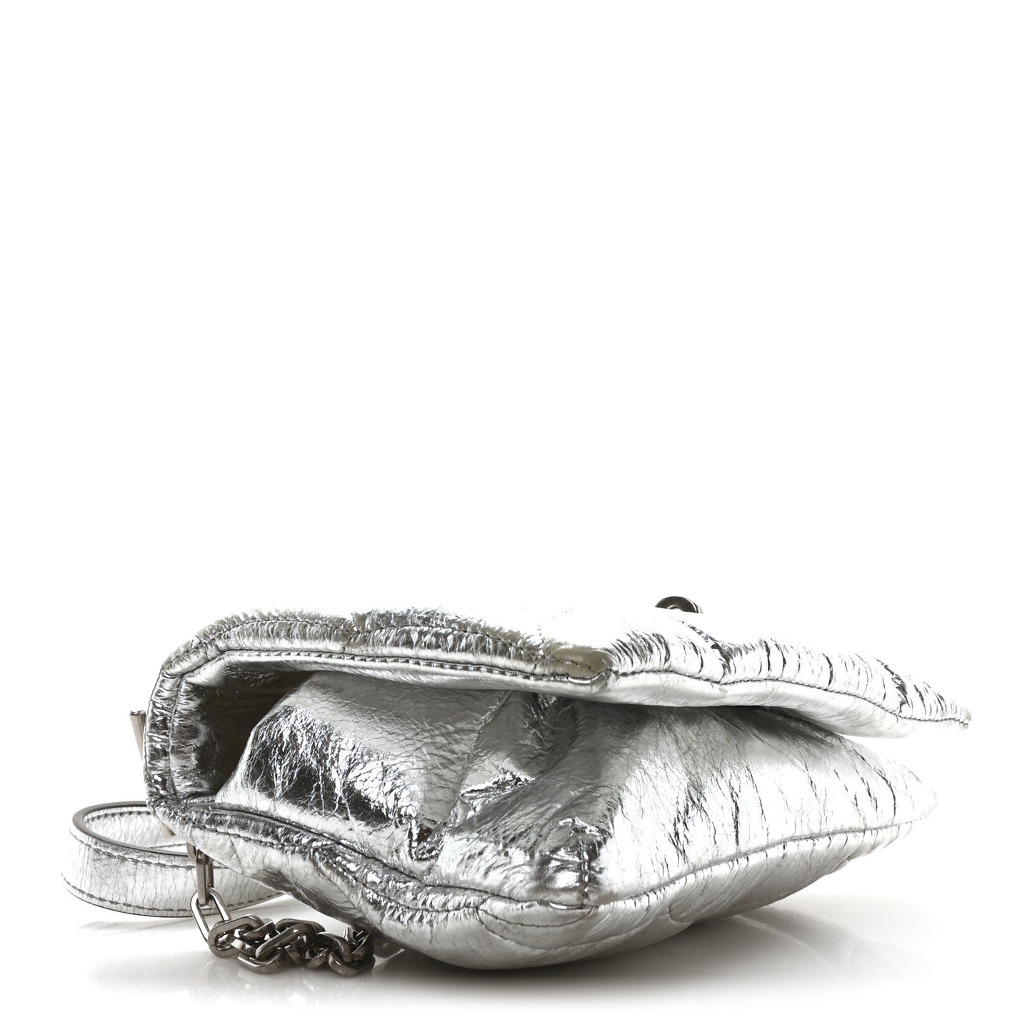 Metallic Crinkled Nappa Pillow Quilted Tiny Softie Bag Silver