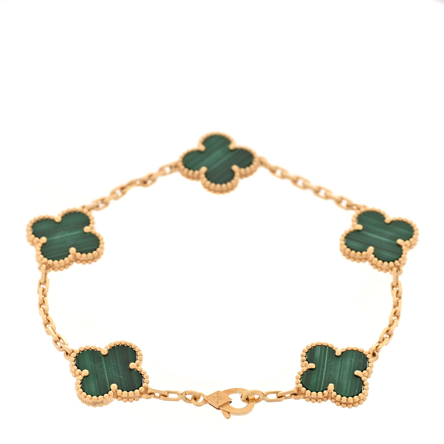 18K Yellow Gold Malachite 5 Motifs Vintage Alhambra Bracelet