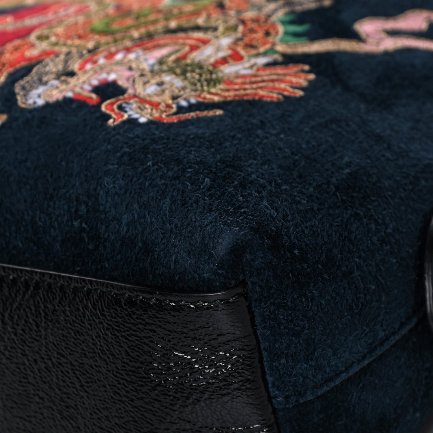 Suede Patent Dragon Embroidered Small Ophidia Dome Shoulder Bag Blue Multicolor Black