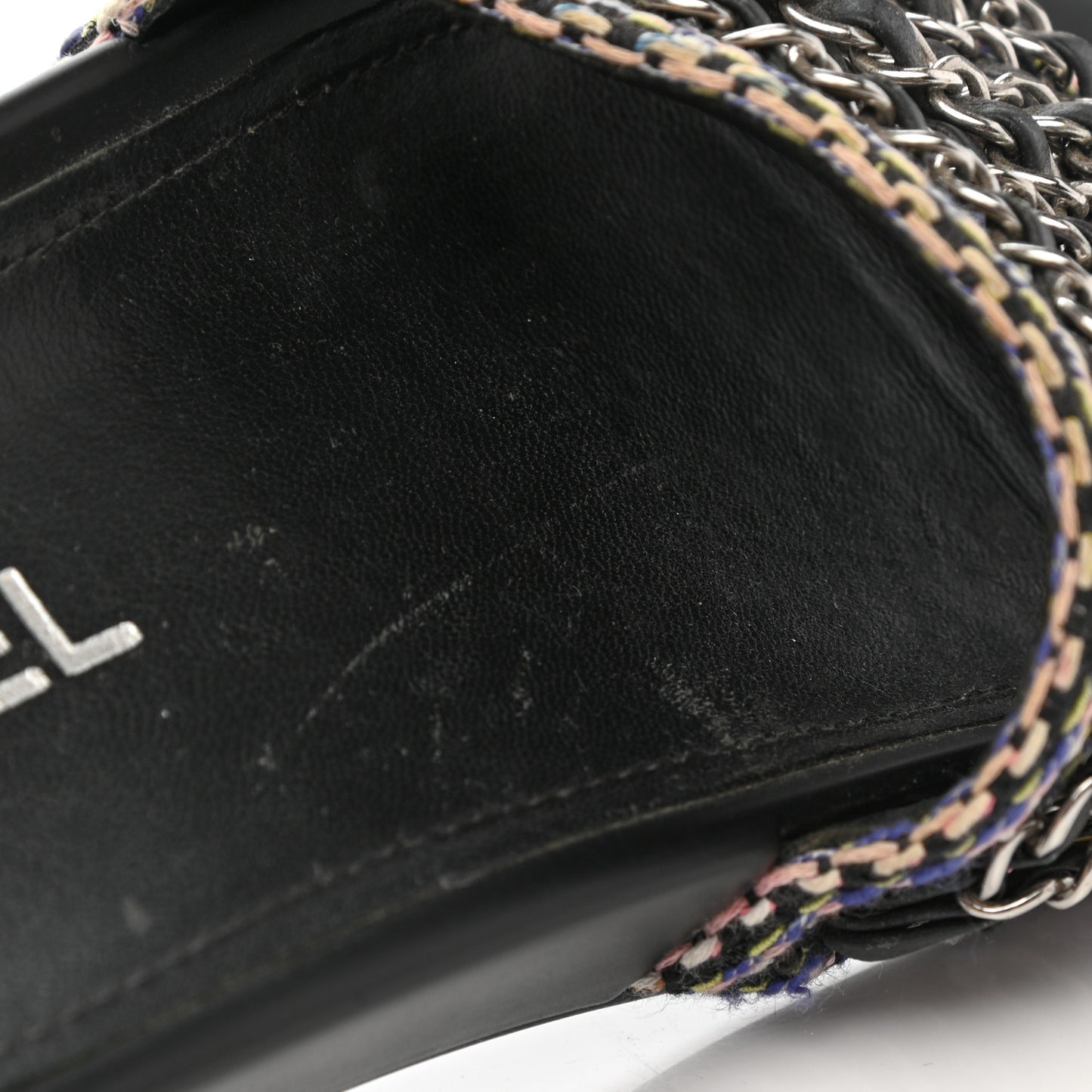Tweed Lambskin Chain Flat Sandals 35 Black Multicolor