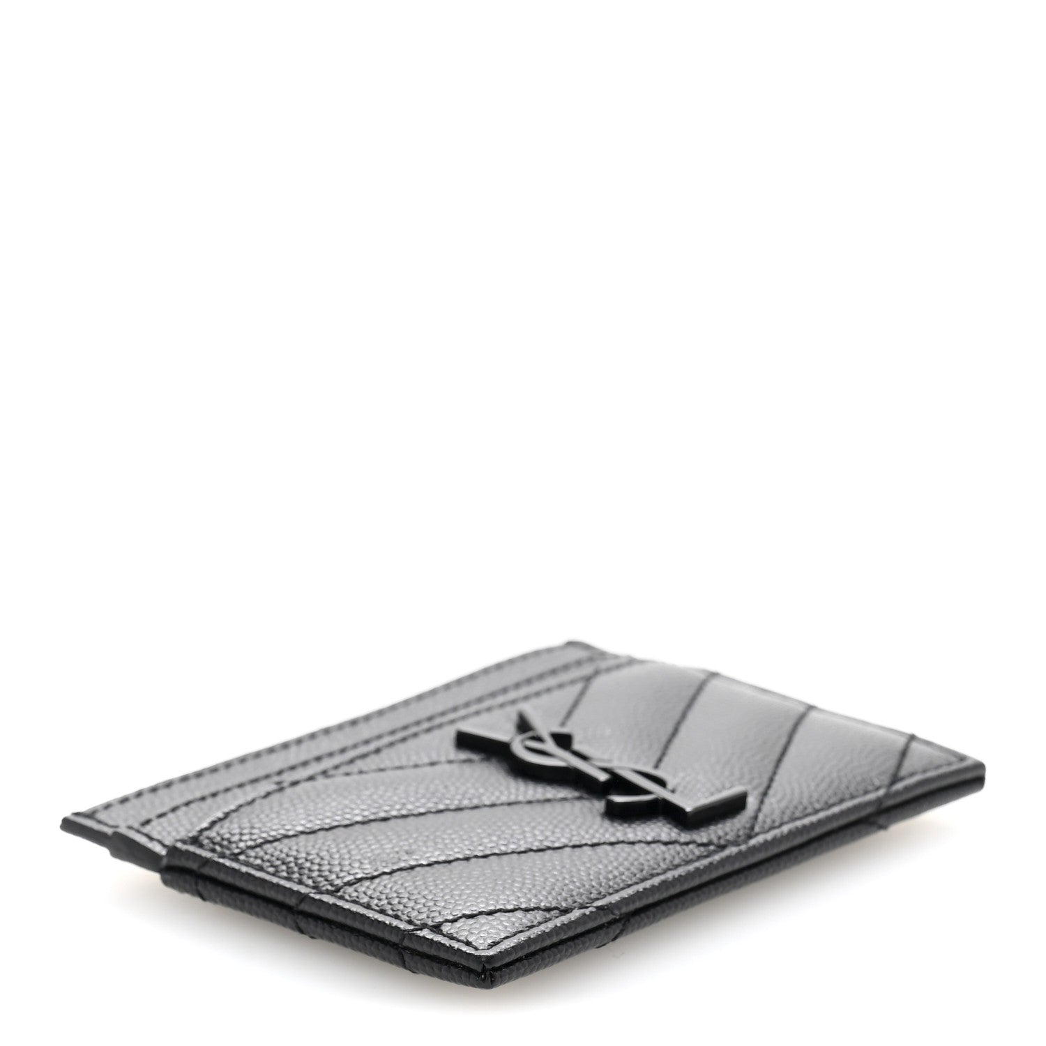 Saint Laurent Grain De Poudre Matelasse Chevron Monochrome Monogram Credit Card Case Black 4 of 10
