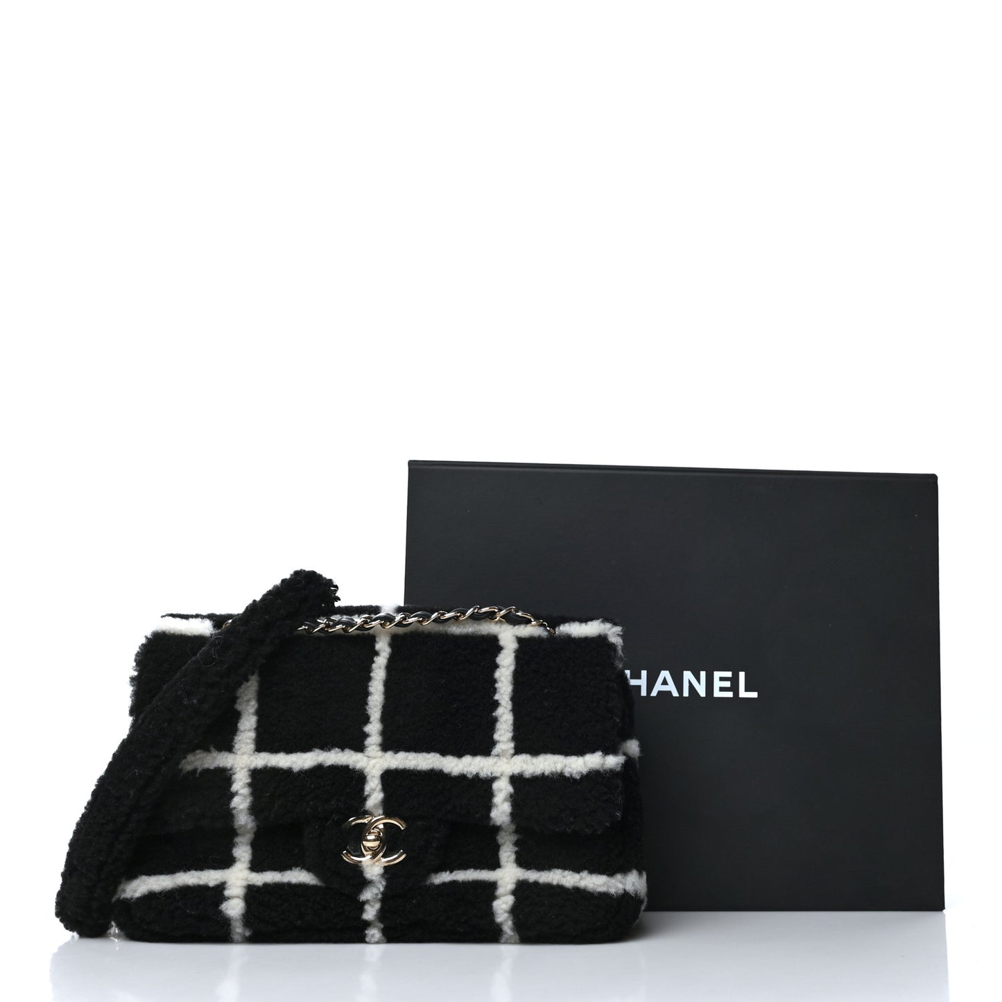 Shearling Lambskin Large Fluffy Tartan Single Flap Black White
