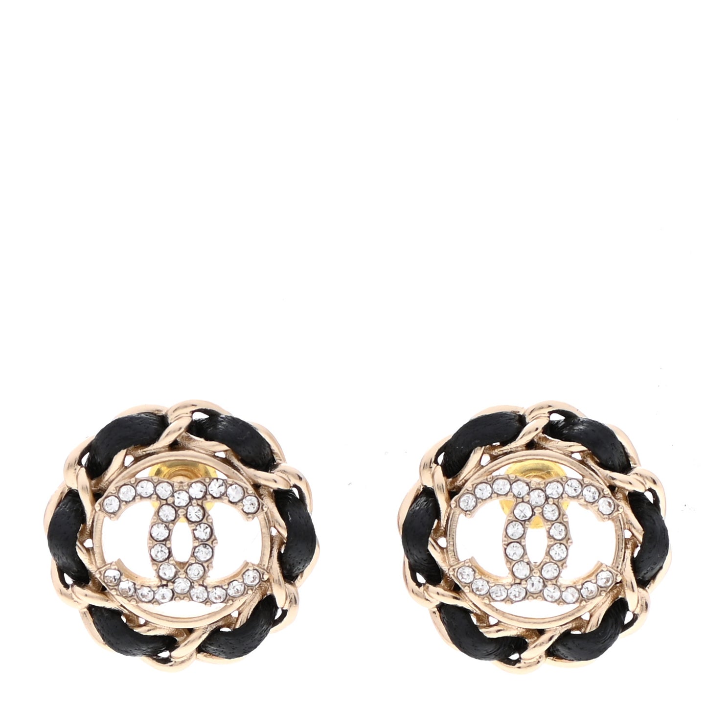 Crystal Lambskin Chain CC Stud Earrings Black Gold
