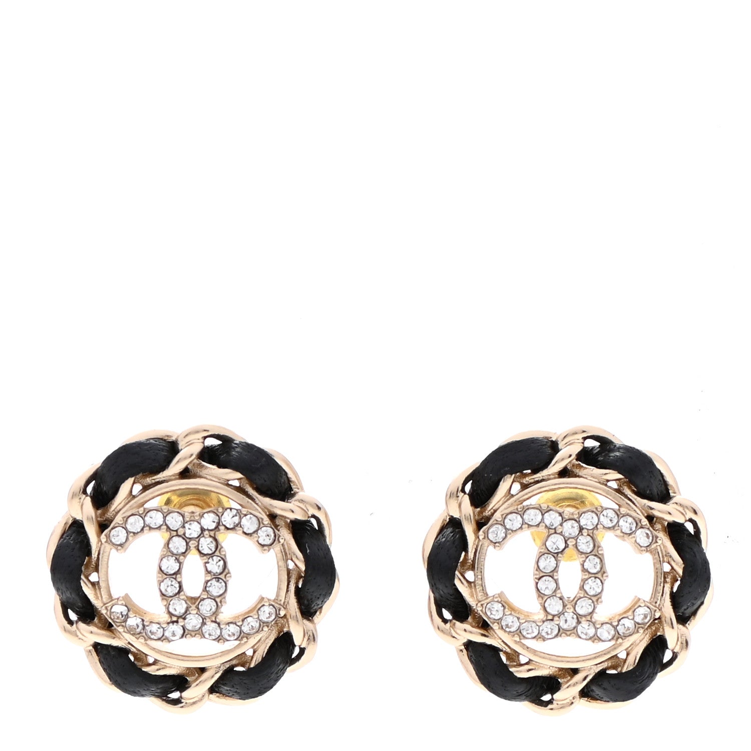 Chanel Crystal Lambskin Chain CC Stud Earrings Black Gold 1 of 5