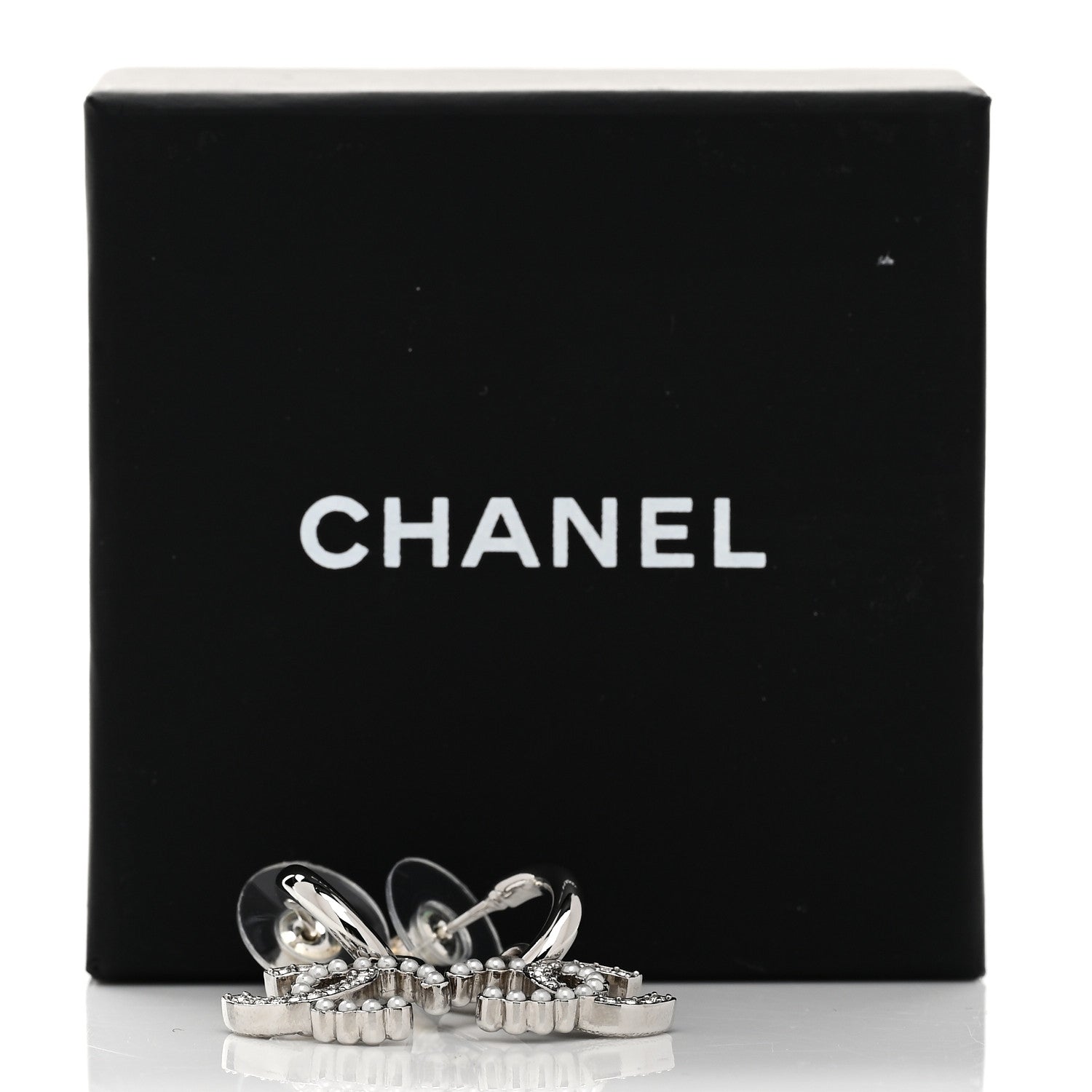 Chanel Metal Pearl Crystal CC Drop Earrings Silver 5 of 5
