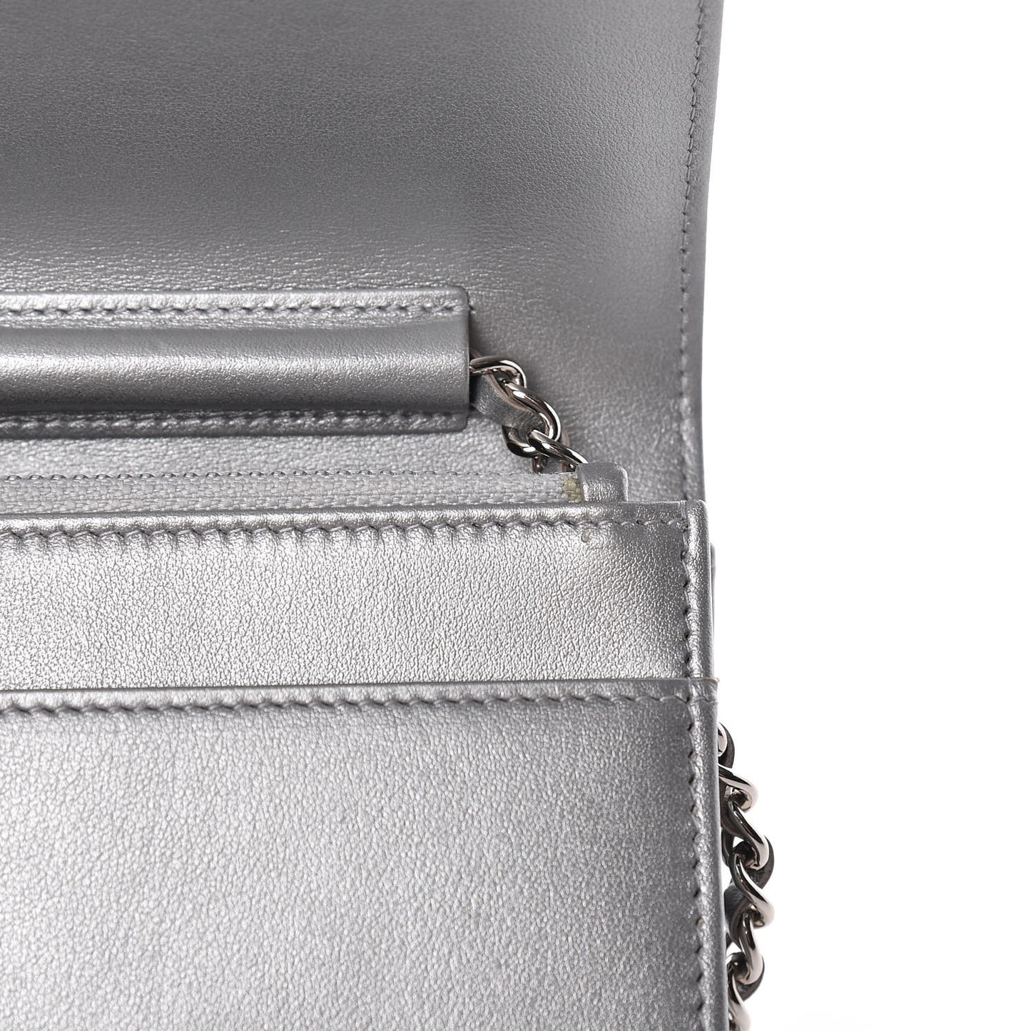Metallic Lambskin Camellia Crystal Wallet on Chain WOC Silver