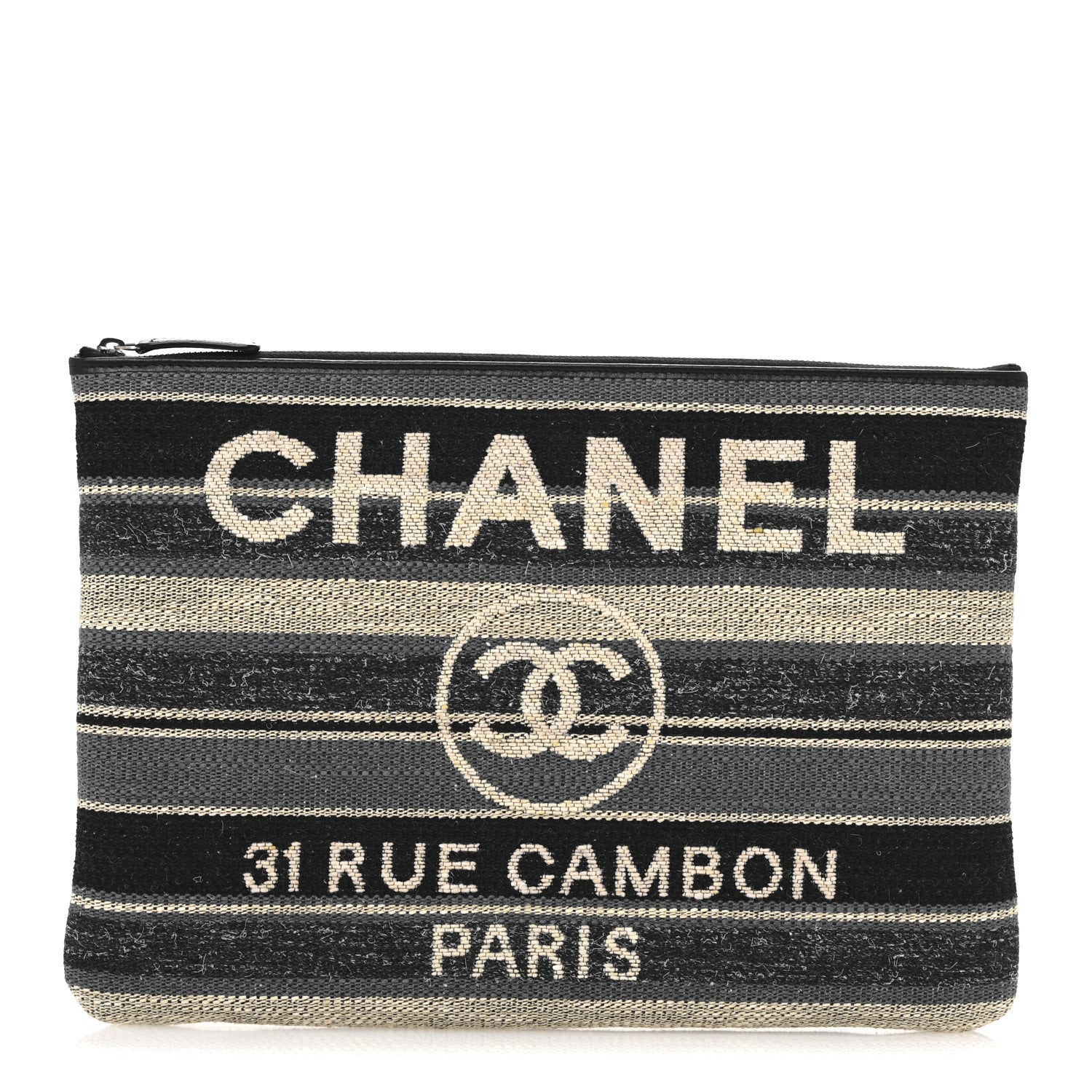 Chanel Striped Canvas Large Deauville Pouch Clutch Black 1 of 9