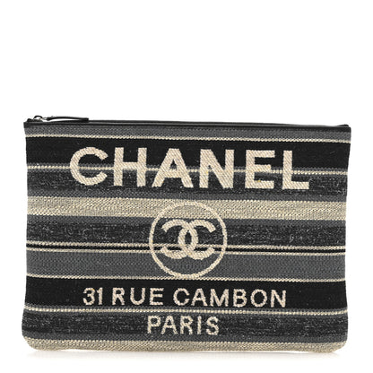 Chanel Striped Canvas Large Deauville Pouch Clutch Black 1 of 9