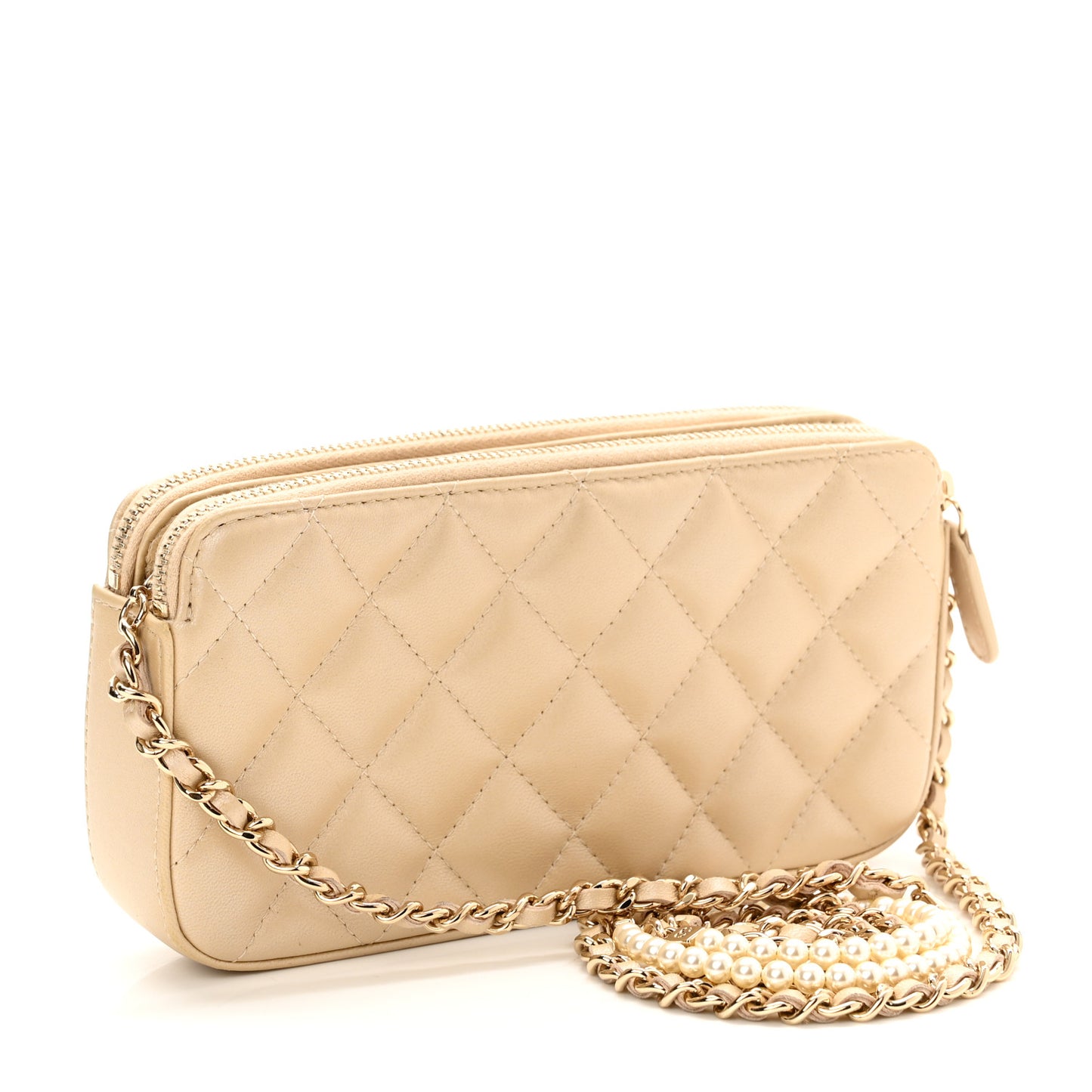 Iridescent Lambskin Quilted Pearl Clutch With Chain Beige