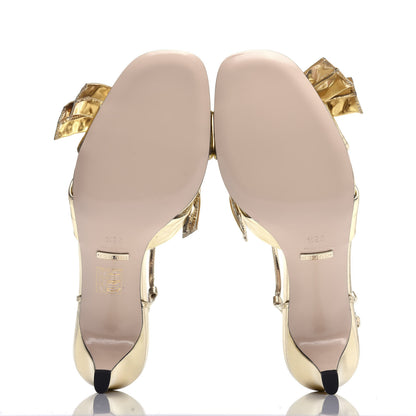 Gucci Metallic Nappa Bow Daphne Mid Heel Sandals 38.5 Platino 7 of 11