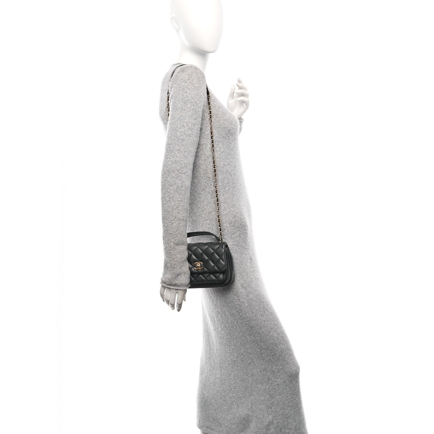 Calfskin Quilted Top Handle Flap Black