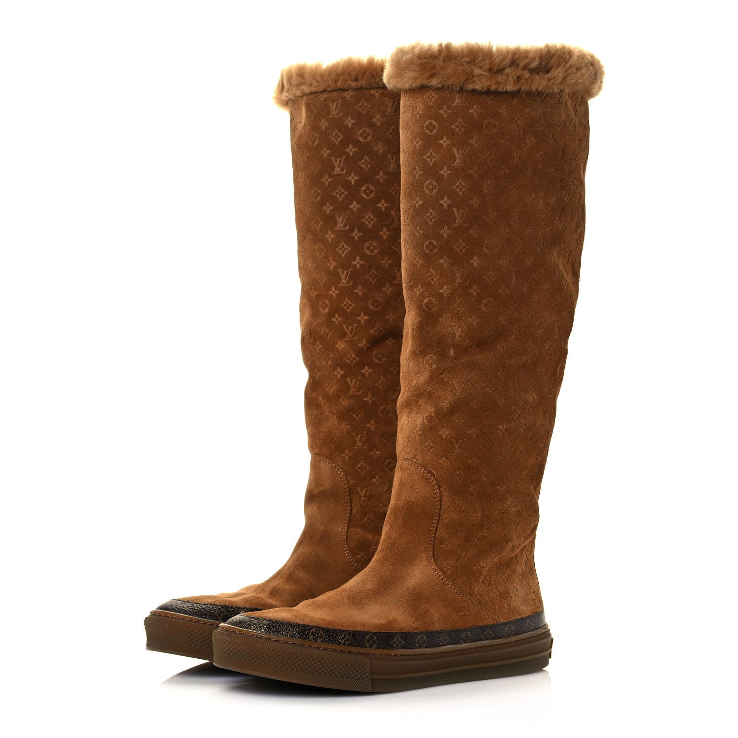 Louis Vuitton Suede Calfskin Monogram Embossed Snowball Flat Half Boots 38 Cognac 3 of 6