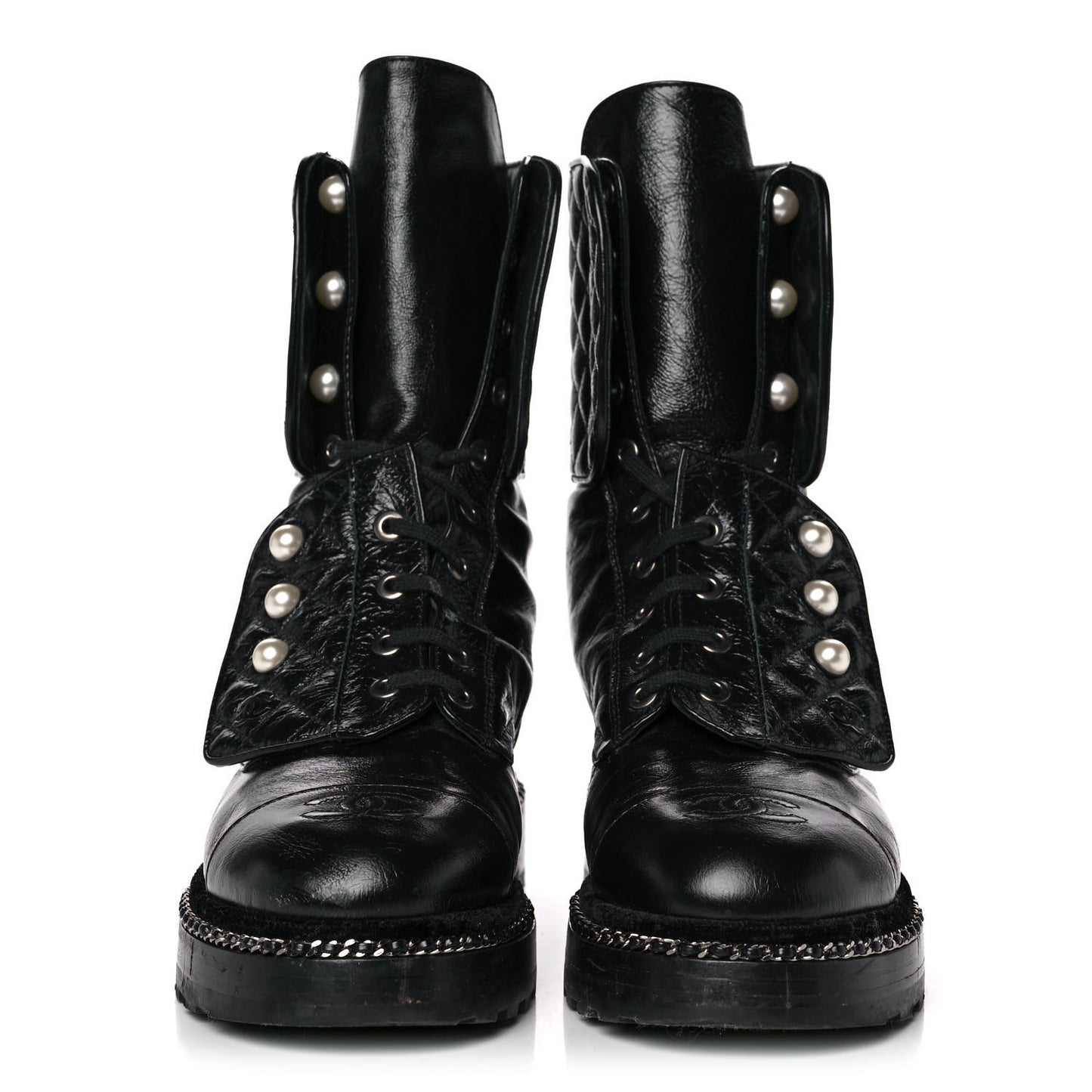 Crackled Calfskin Velvet Pearl Combat Ankle Boots 38 Black