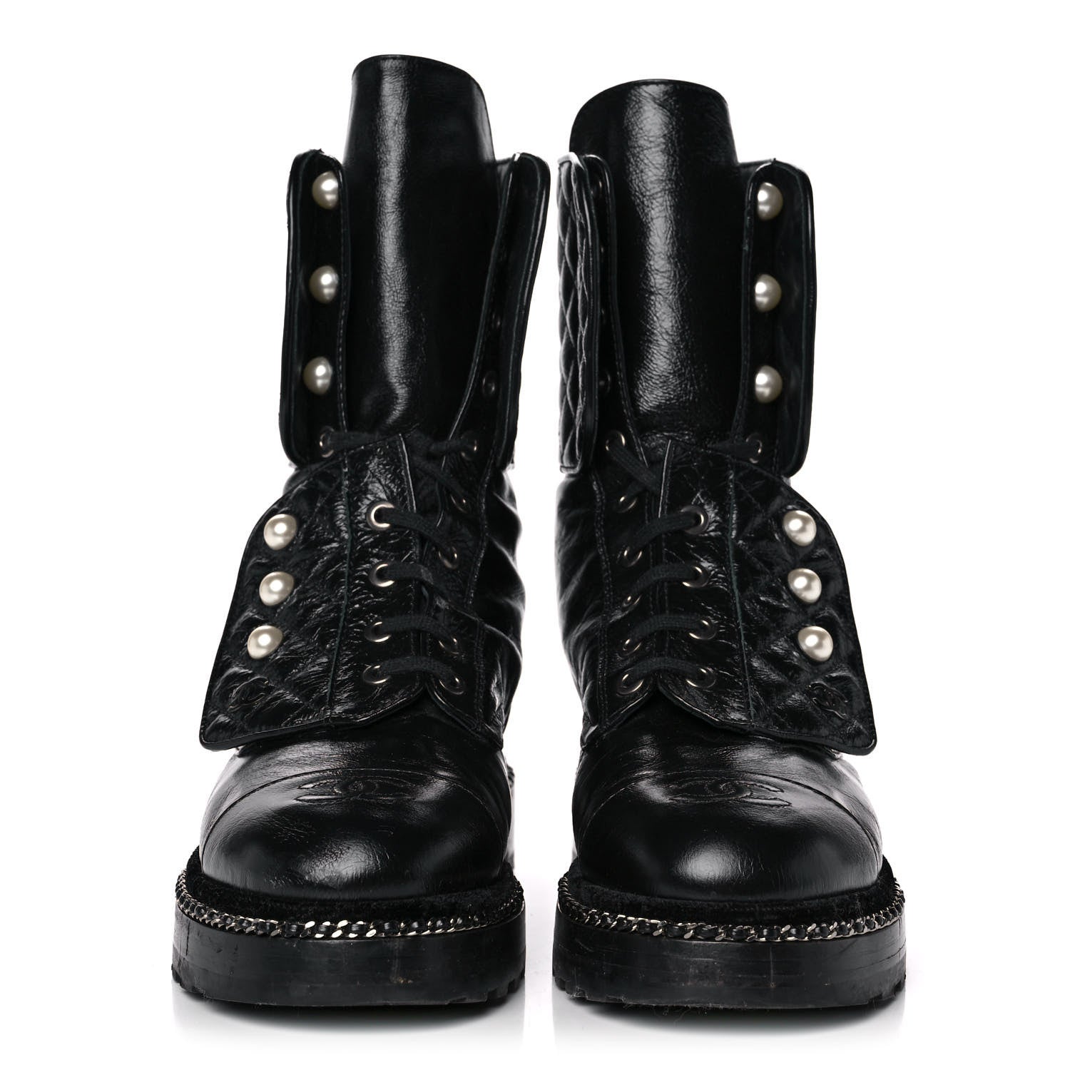 Chanel Crackled Calfskin Velvet Pearl Combat Ankle Boots 38 Black 2 of 9