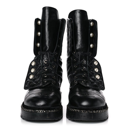 Chanel Crackled Calfskin Velvet Pearl Combat Ankle Boots 38 Black 2 of 9