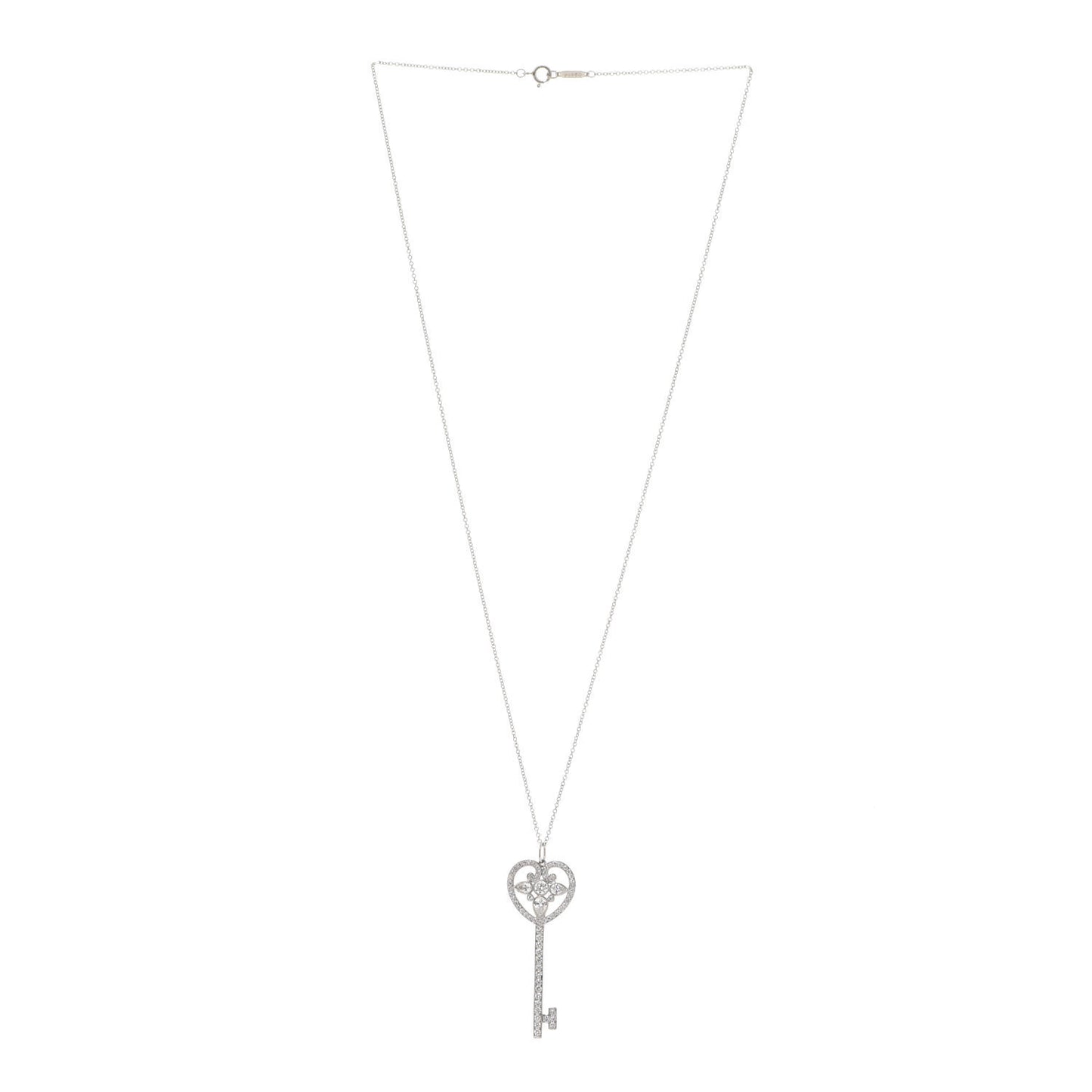 Platinum Diamond Ornate Heart Key Pendant Necklace