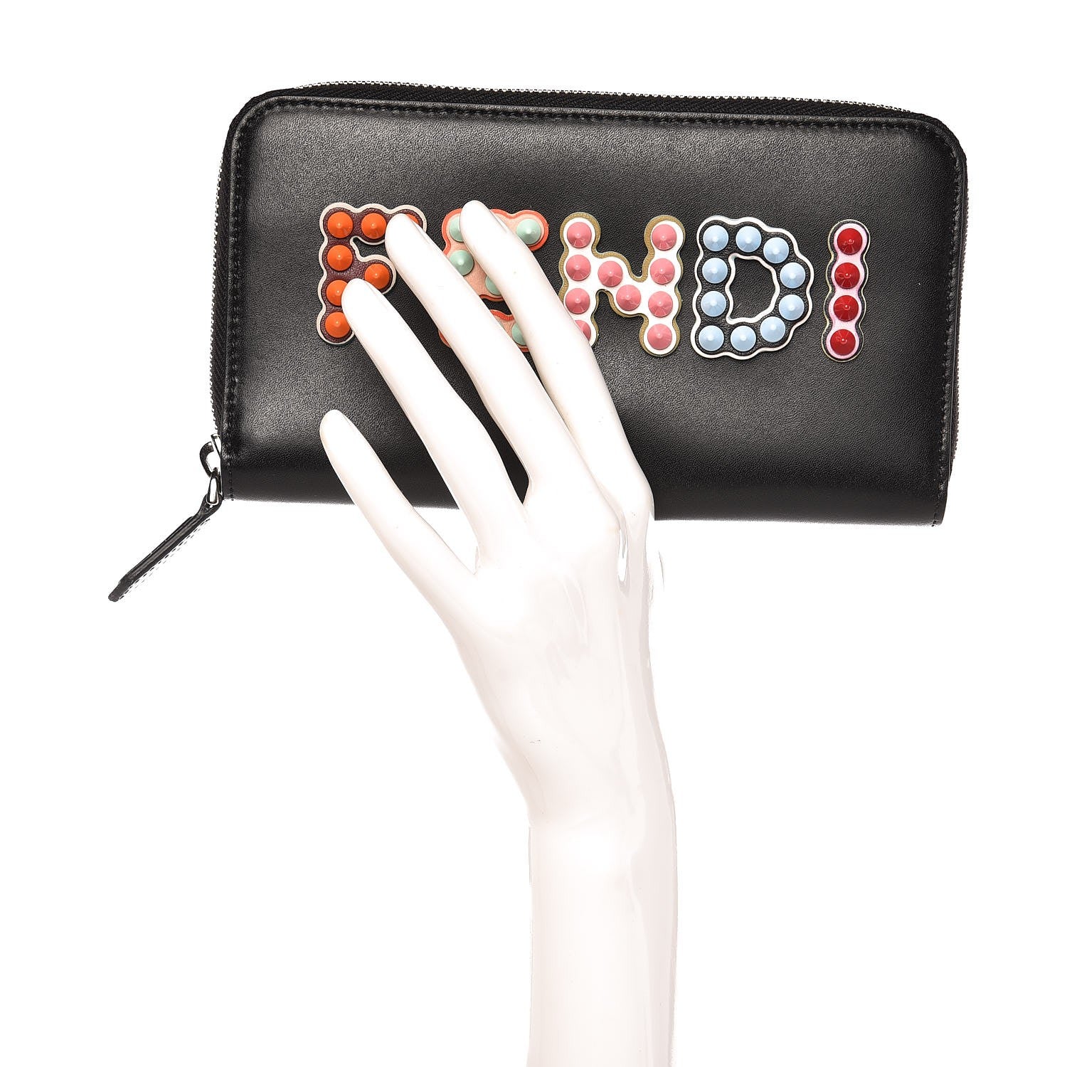 Fendi Vitello Liberty Fun Fair Studded Zip Around Wallet Black