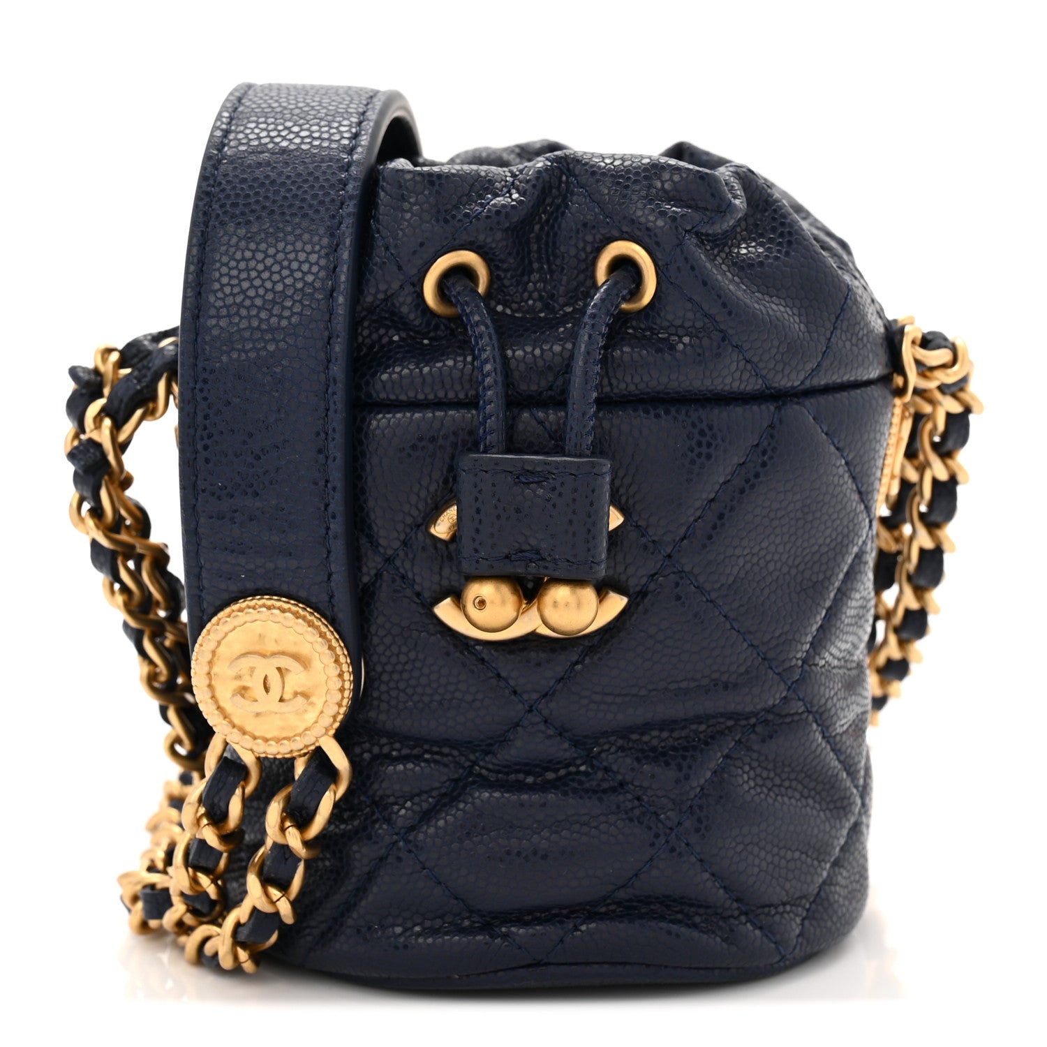 Chanel Caviar Quilted Twist Your Buttons Mini Bucket Bag Navy 1 of 10