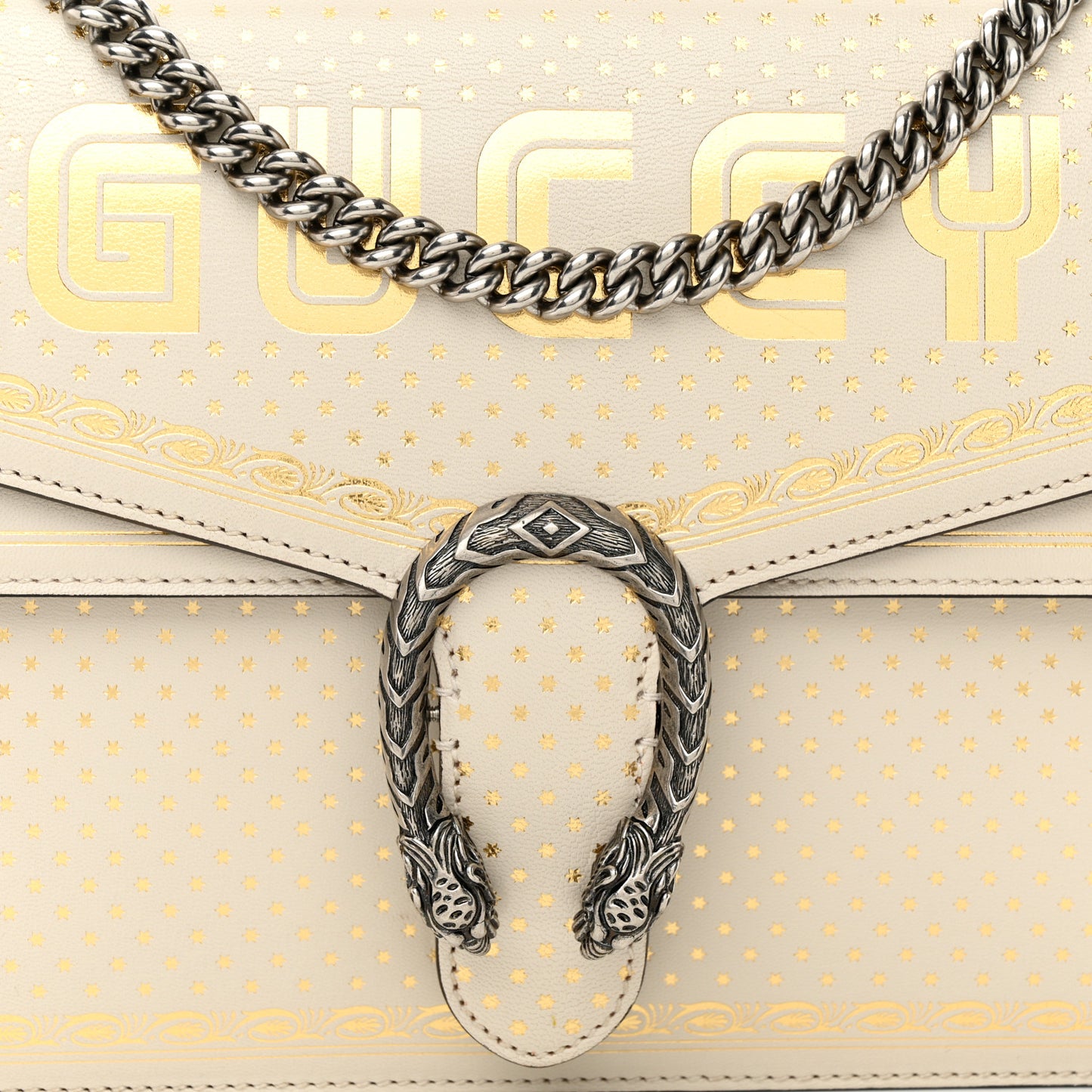 X SEGA Calfskin GUCCY Stars Medium Dionysus Shoulder Bag Mystic White Gold
