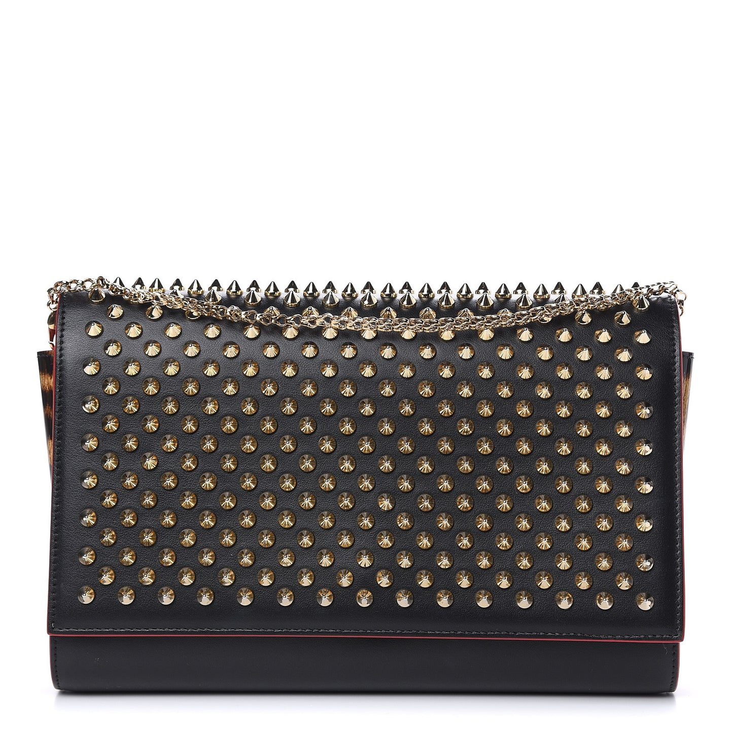 Calfskin Patent Leopard Spikes Paloma Clutch Black