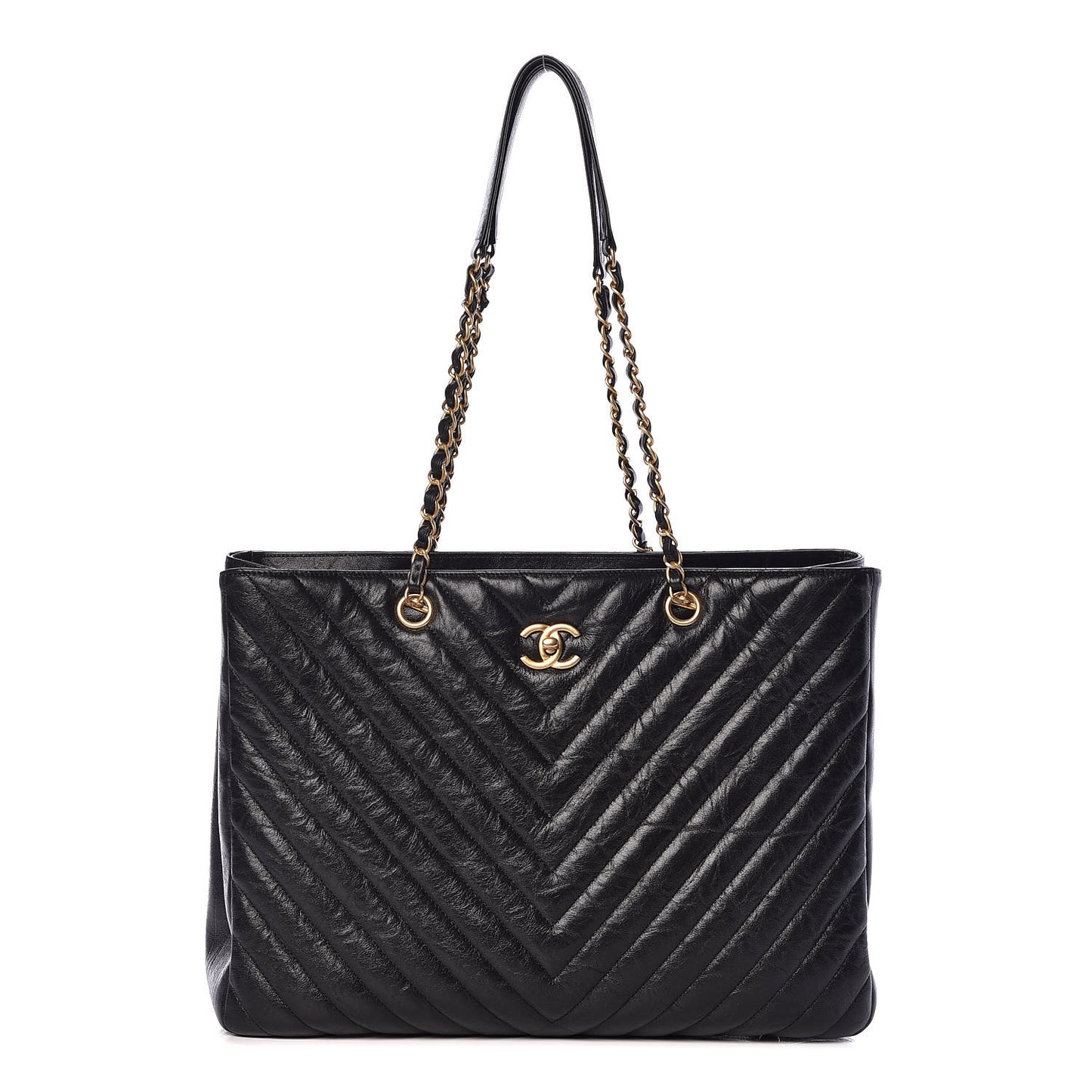 Iridescent Calfskin Chevron Quilted Shopping Tote Black