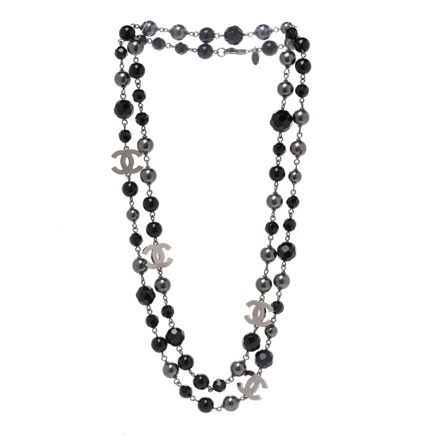 Ruthenium Pearl Beaded CC Long Necklace Black