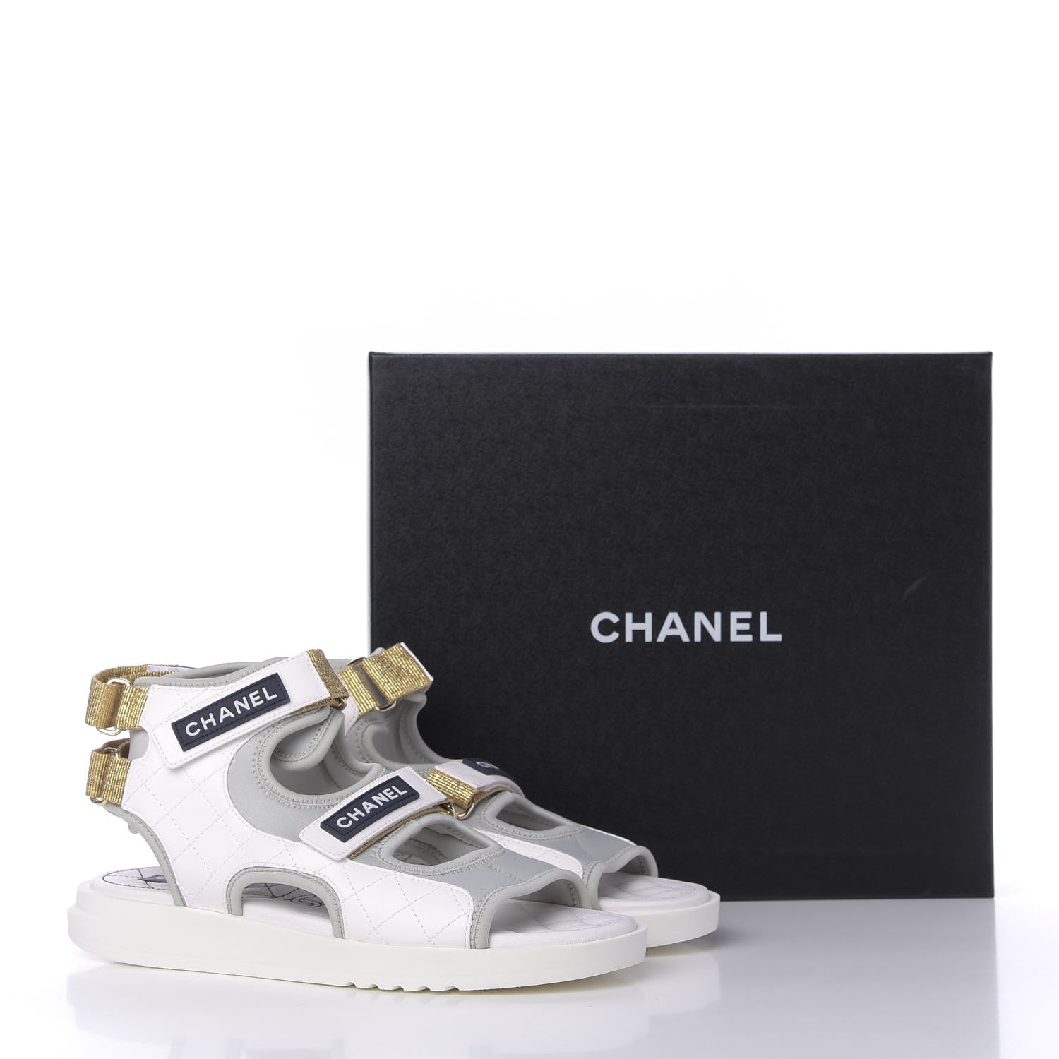 Chanel Goatskin Fabric Gladiator Sandals 41 White Light Grey Navy Blue 10 of 10