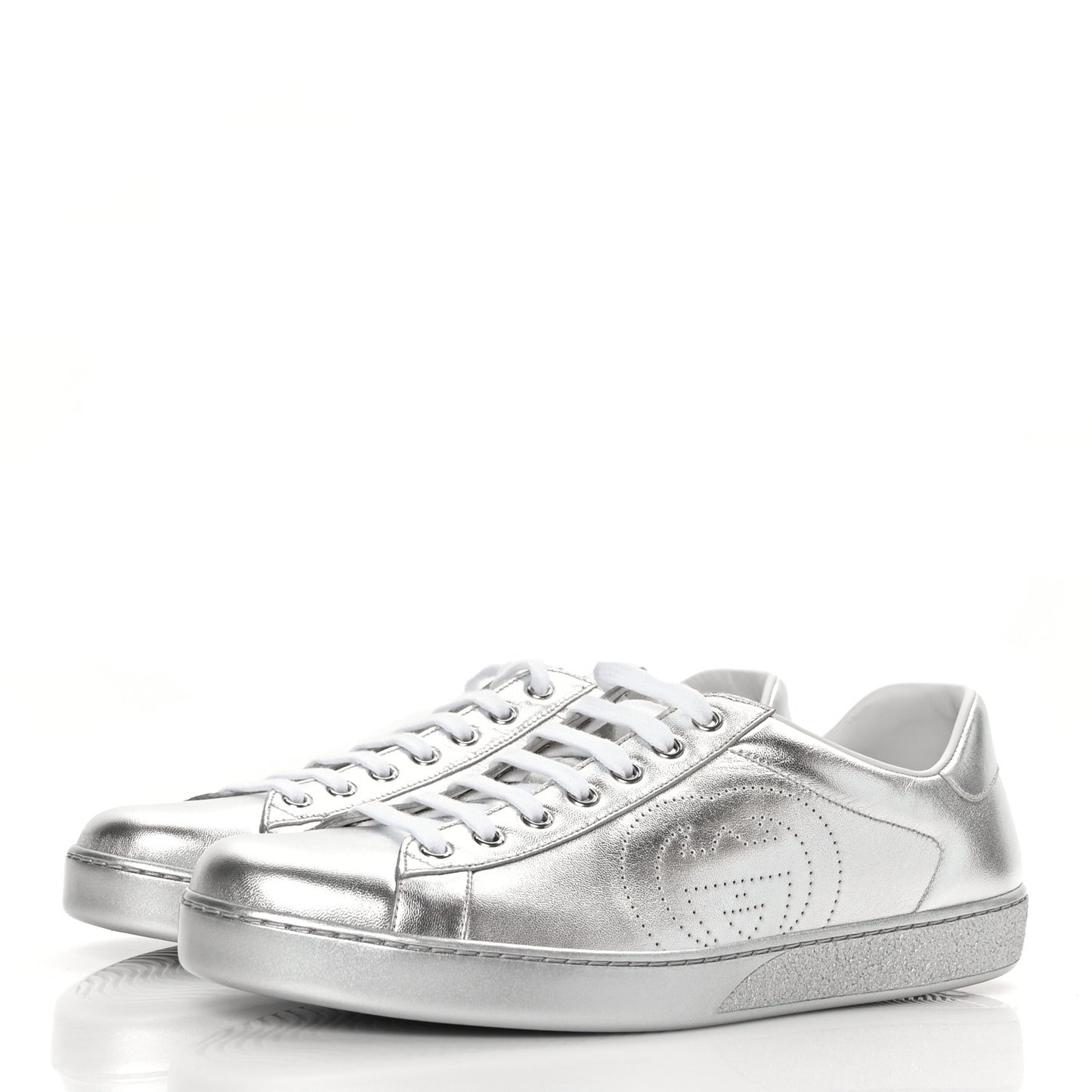 Metallic Nappa Interlocking G Perforated Mens Ace Sneakers 10 Argento