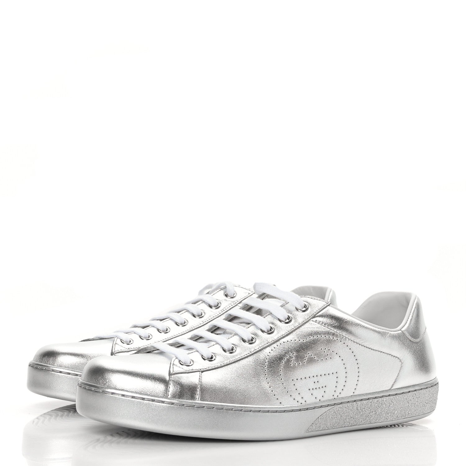Gucci Metallic Nappa Interlocking G Perforated Mens Ace Sneakers 10 Argento 3 of 8