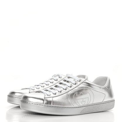 Gucci Metallic Nappa Interlocking G Perforated Mens Ace Sneakers 10 Argento 3 of 8