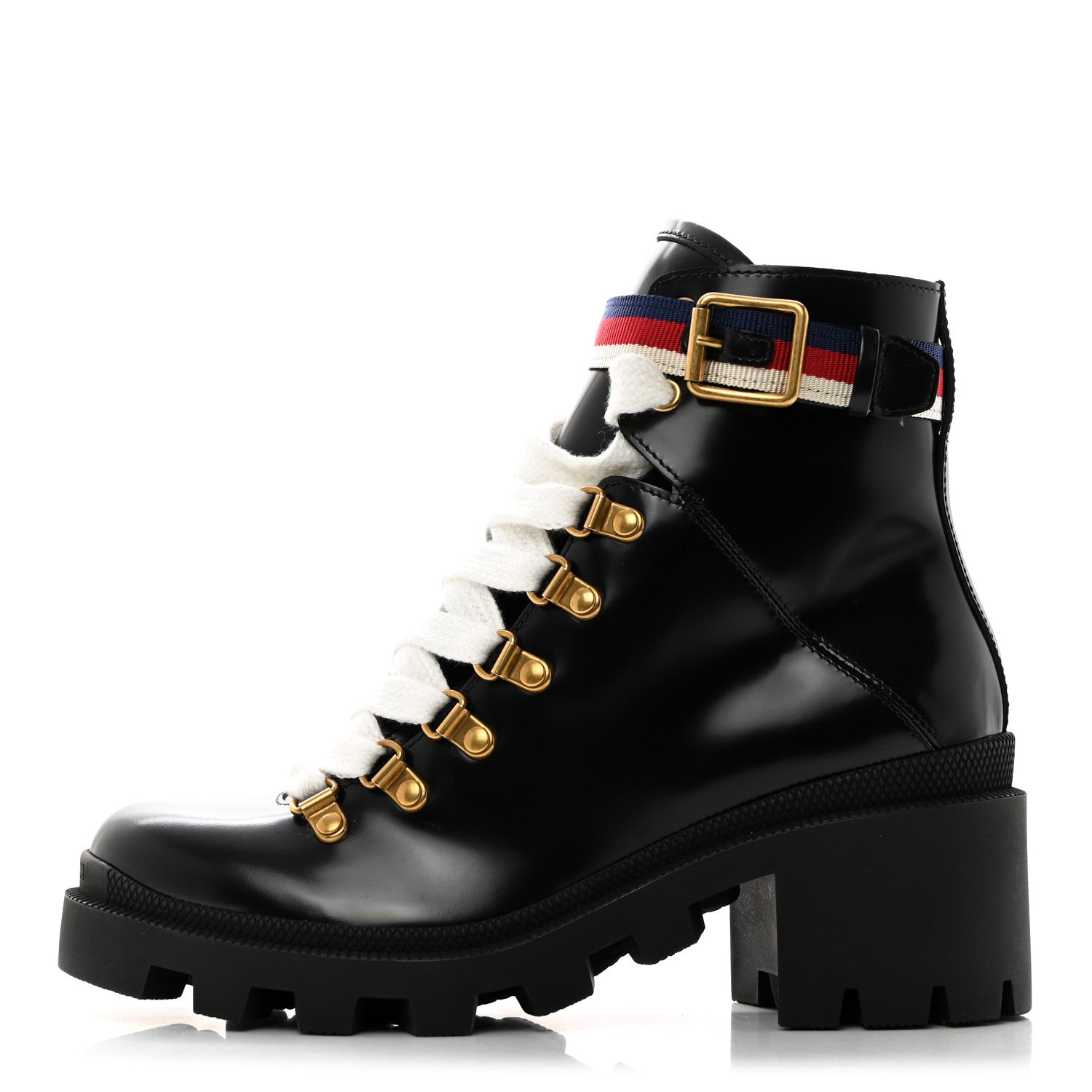 Gucci Calfskin Sylvie Web Womens Lace Up Combat Boots 36.5 Black 1 of 9