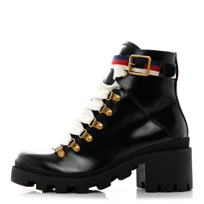 Gucci Calfskin Sylvie Web Womens Lace Up Combat Boots 36.5 Black 1 of 9